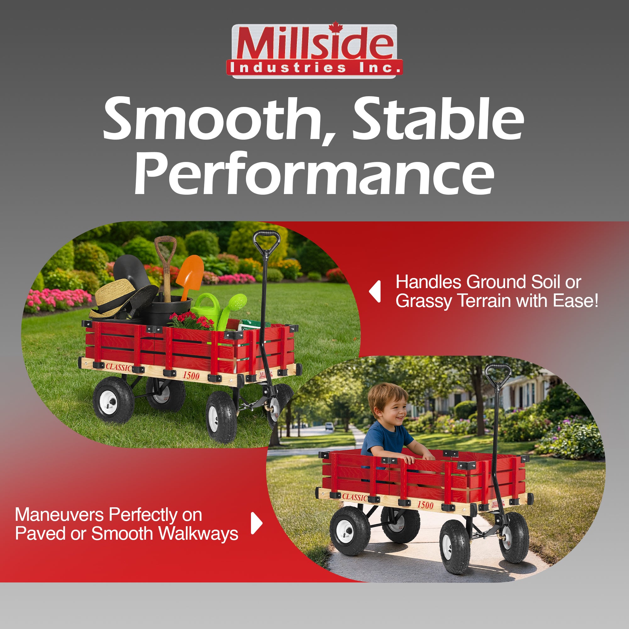 Millside Industries Classic Wood Wagon Cart with Removable Wooden Side Racks and Pneumatic Tires for Outdoor Hauling, Red, 20" x 38"