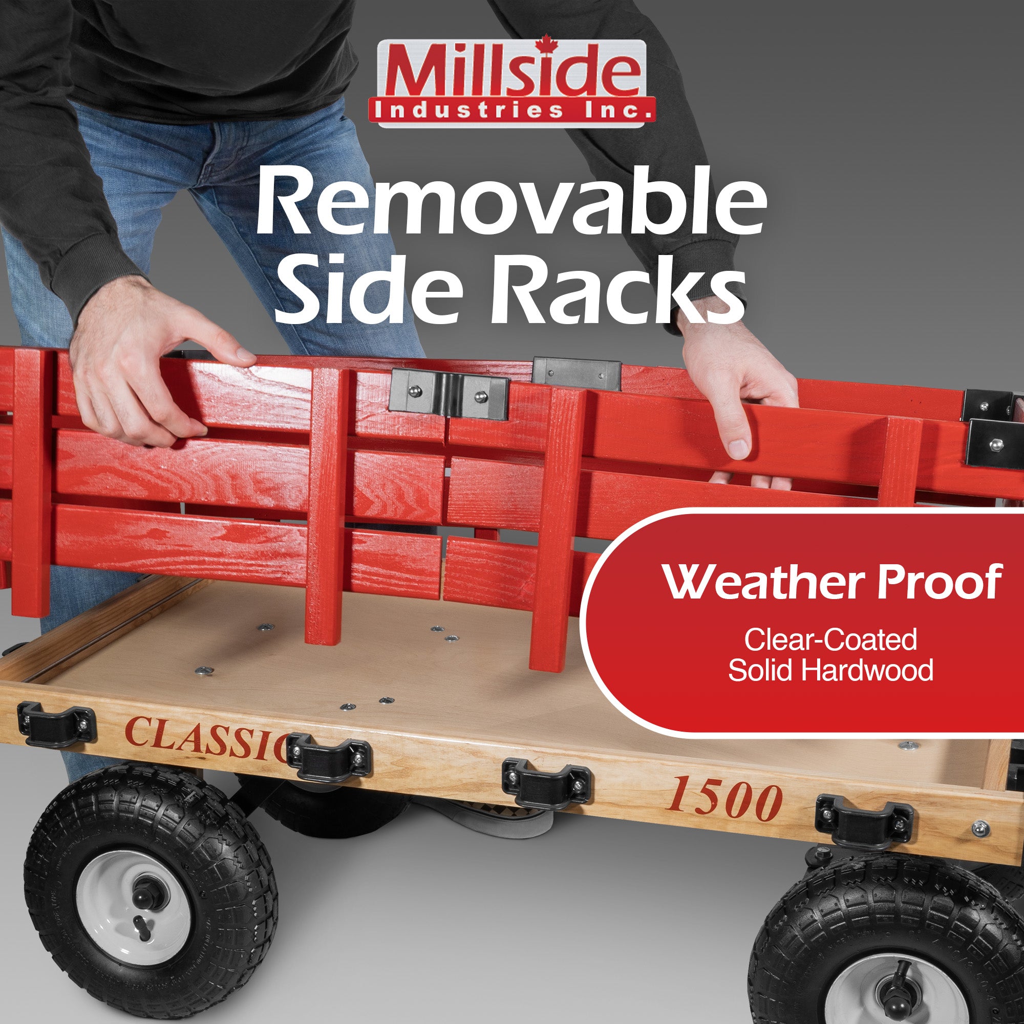 Millside Industries Classic Wood Wagon Cart with Removable Wooden Side Racks and Pneumatic Tires for Outdoor Hauling, Red, 20" x 38"