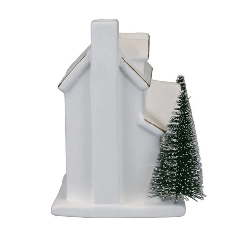 Old World Christmas Battery-Operated Lighted Ceramic Tabletop Decoration, House with Trees, 6"
