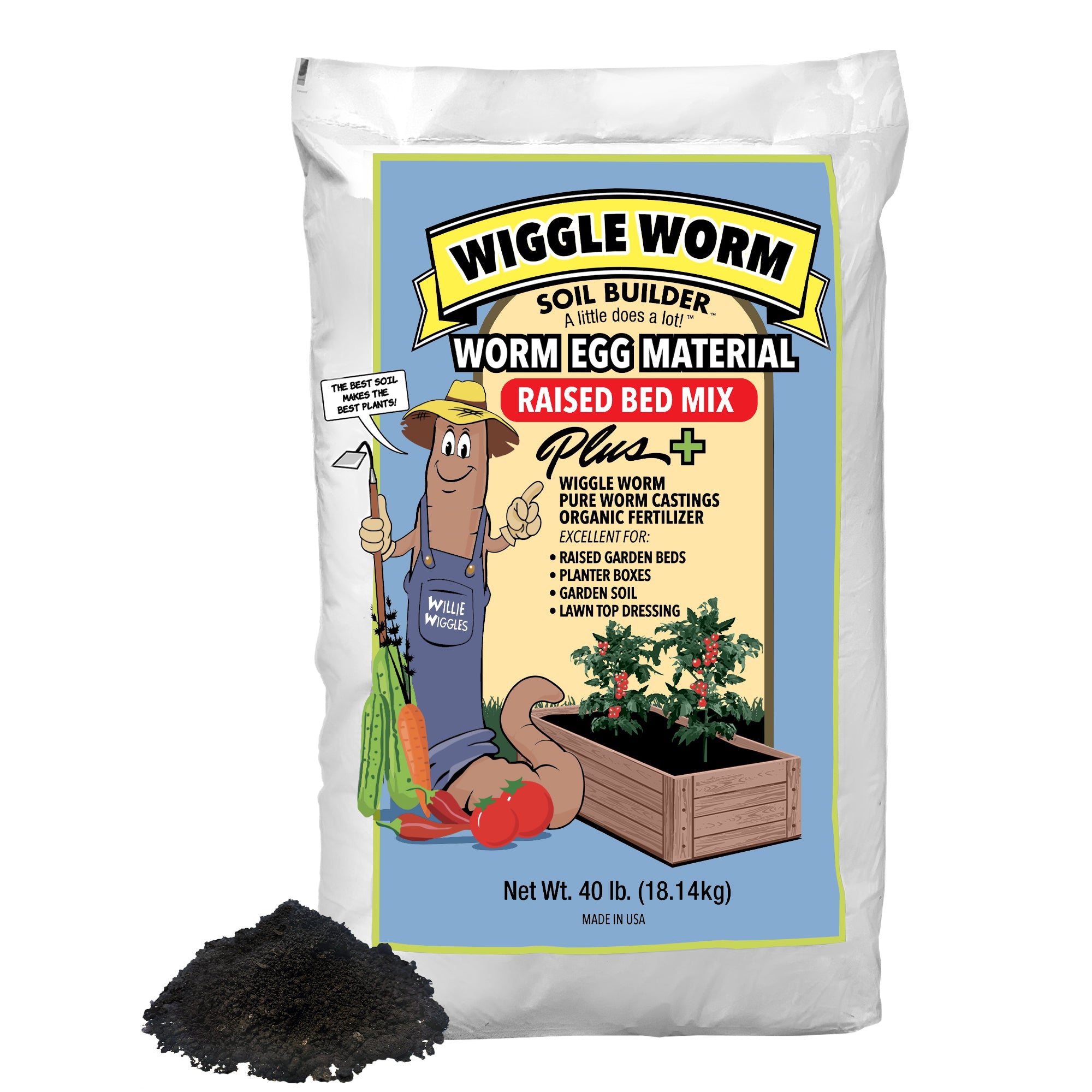 Wiggle Worm Raised Bed Mix, 40lbs - Organic Soil and Fertilizer for Container Gardening - Worm Egg Material Mixed with Odor Free Pure Worm Castings