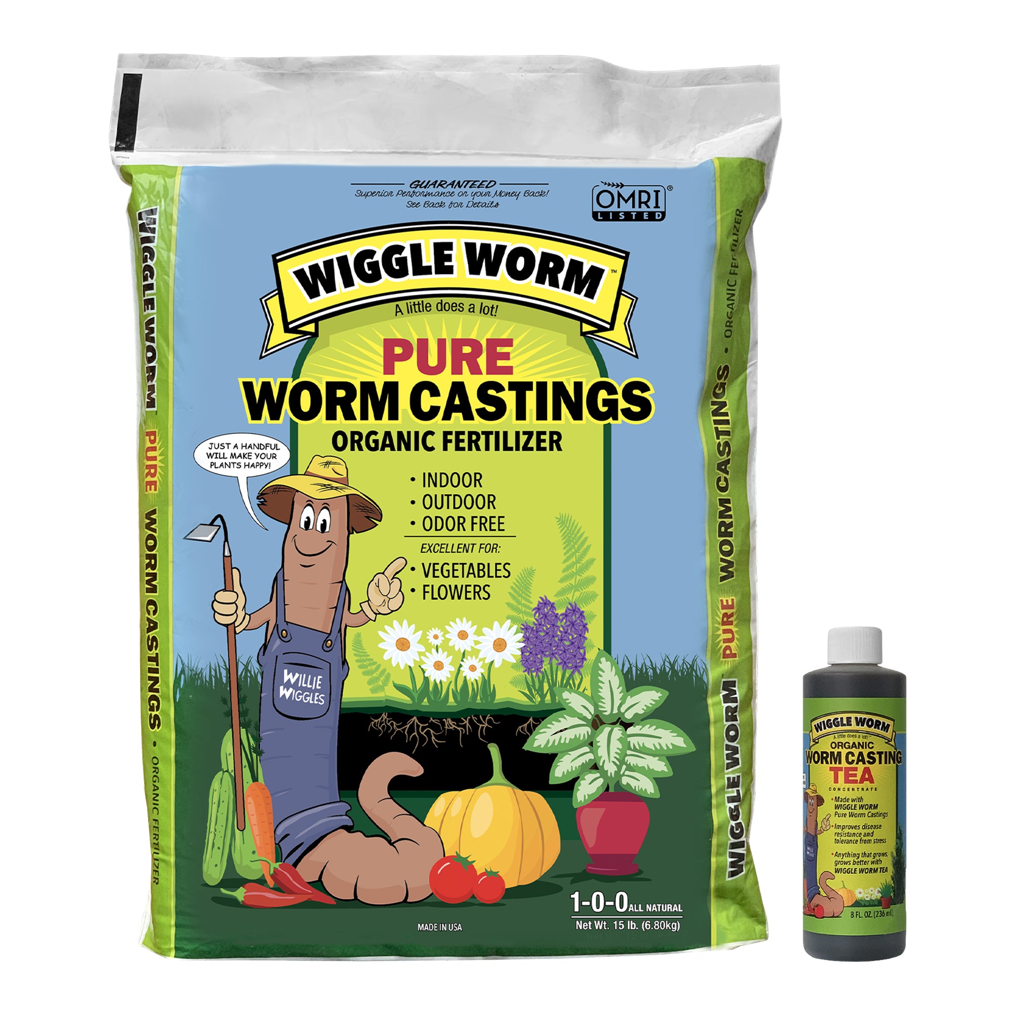 Wiggle Worm Fertilizer Combo Pack – 15lb Pure Worm Castings Fertilizer and Soil Amendment and 8oz Worm Casting Tea Concentrate for Indoor and Outdoor Gardening