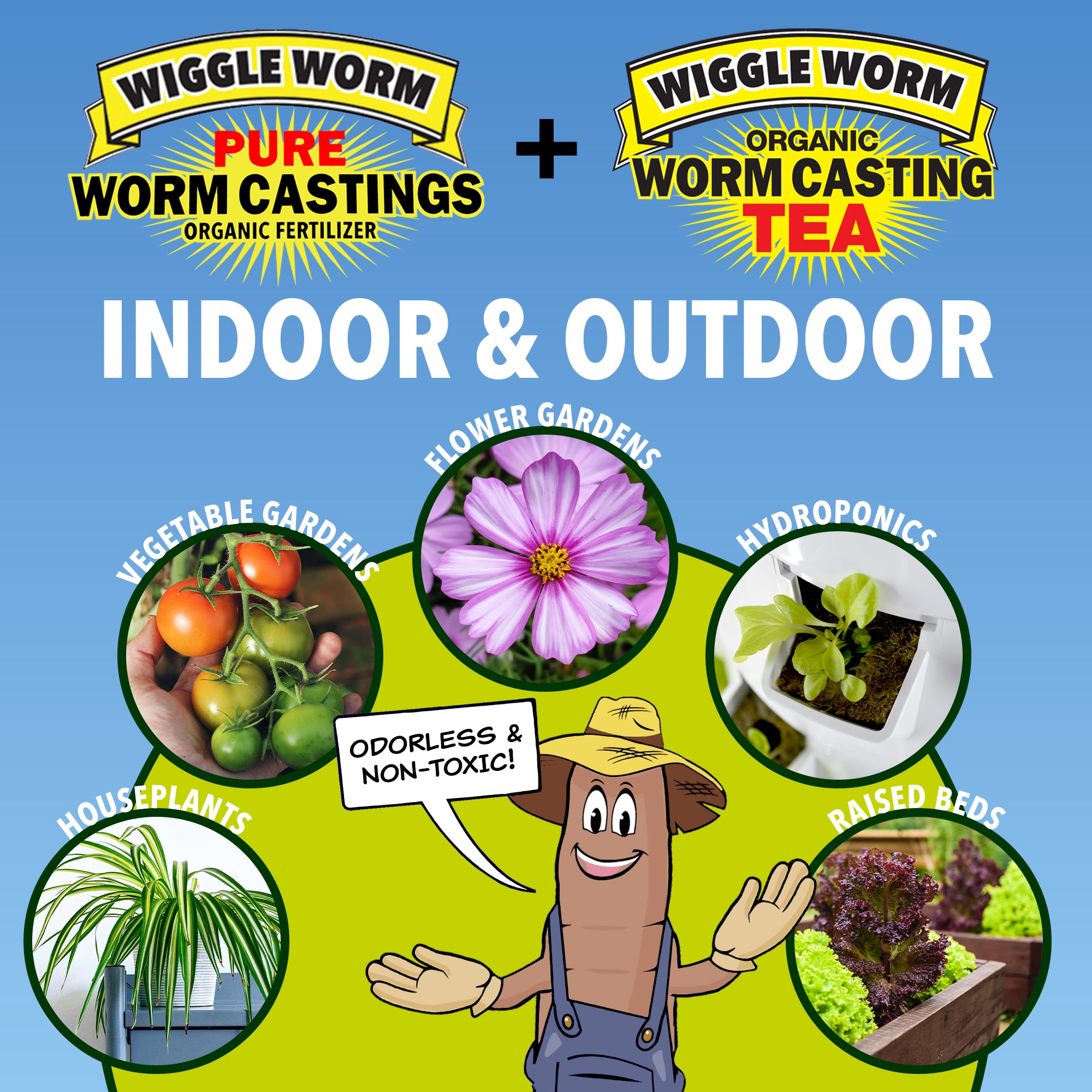 Wiggle Worm Fertilizer Combo Pack – 15lb Pure Worm Castings Fertilizer and Soil Amendment and 8oz Worm Casting Tea Concentrate for Indoor and Outdoor Gardening