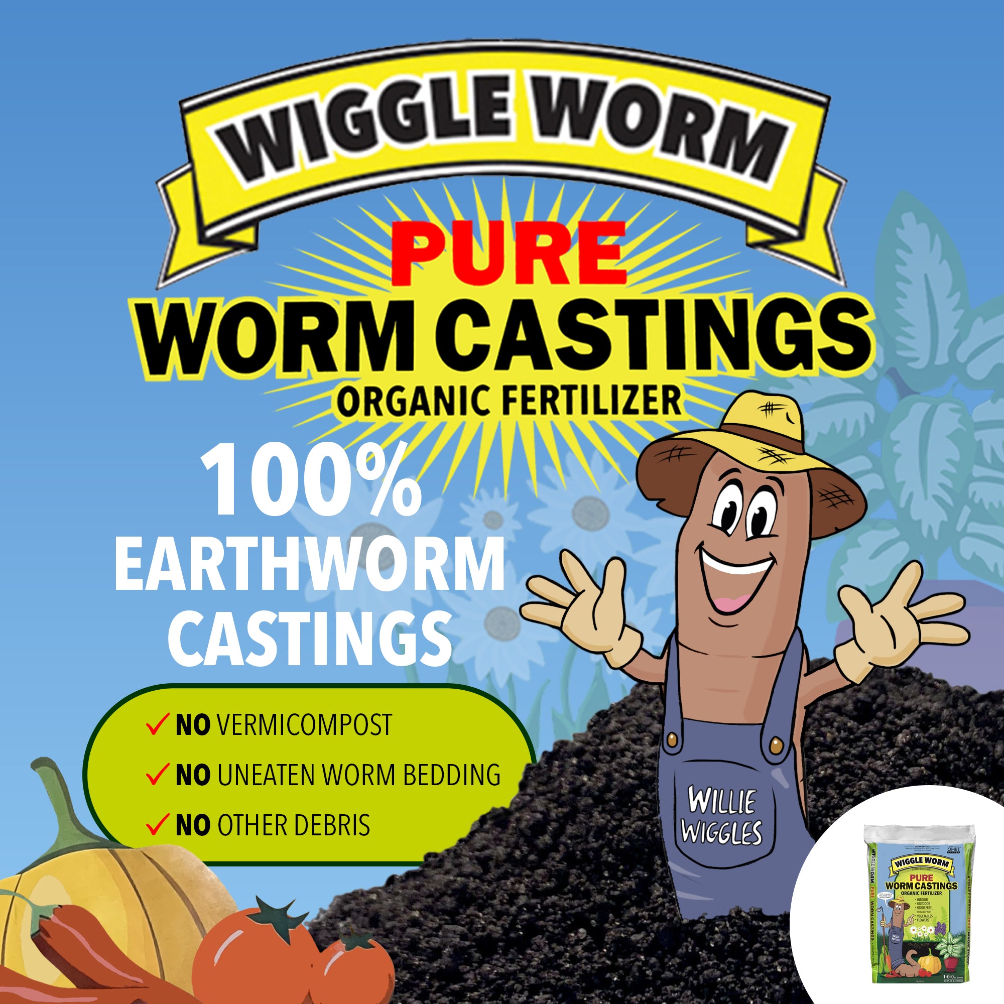 Wiggle Worm Fertilizer Combo Pack – 30lb Pure Worm Castings Fertilizer and Soil Amendment and 8oz Worm Casting Tea Concentrate for Indoor and Outdoor Gardening
