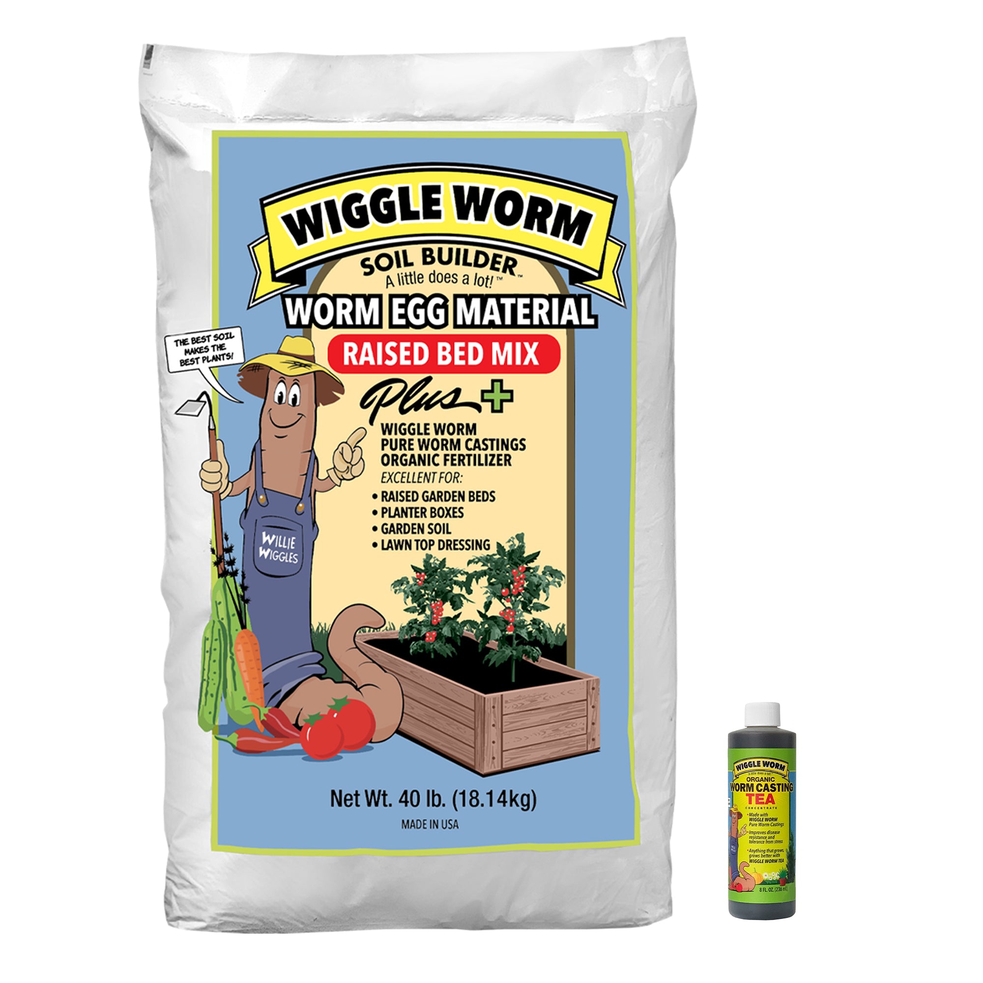 Wiggle Worm Combo Package – 8oz Organic Pure Worm Casting Tea Fertilizer Concentrate and 40lbs Worm Egg Material Raised Bed Mix Plus for Planting and Fertilization of Indoor and Outdoor Plants