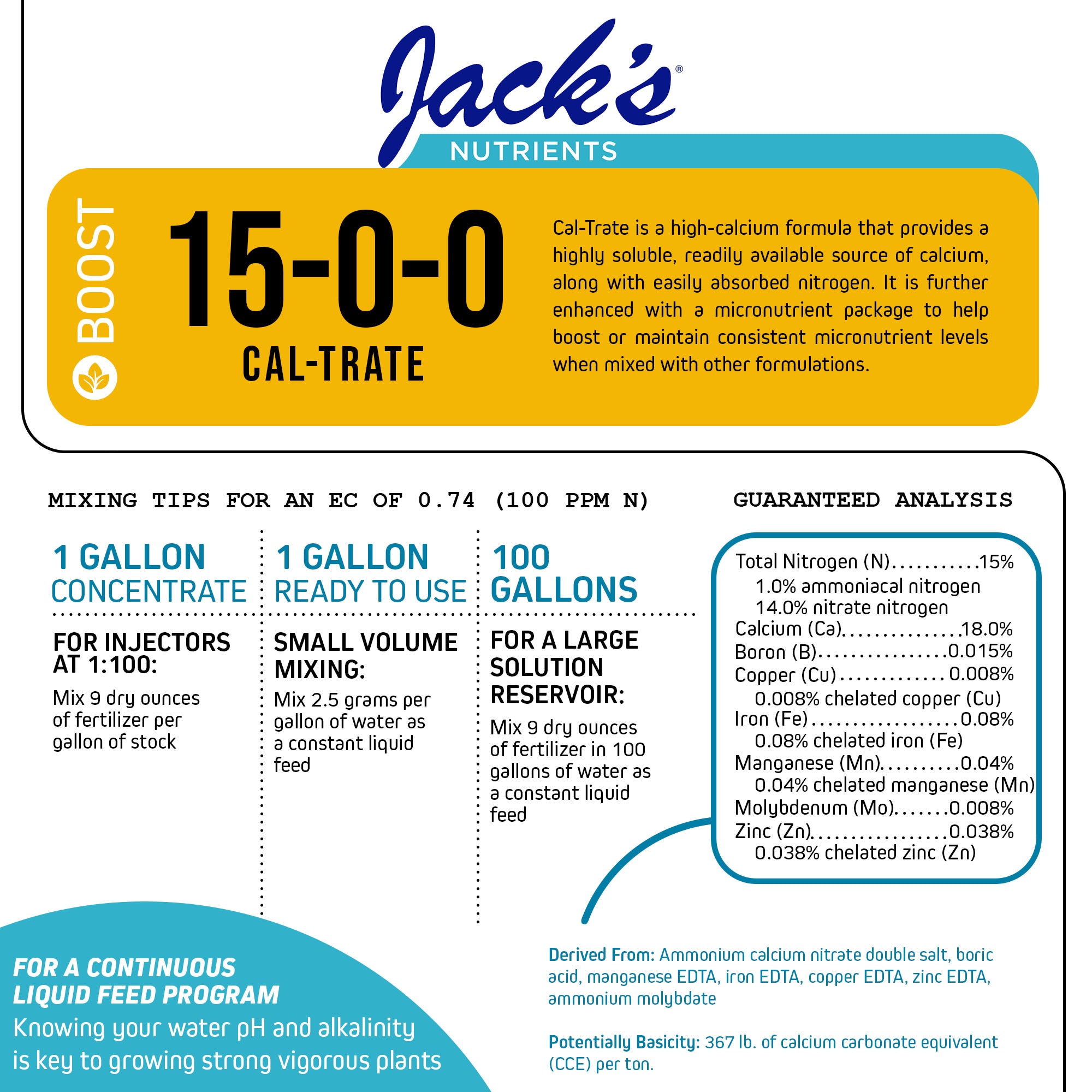Jack’s Nutrients 15-0-0 Cal-Trate Water-Soluble Fertilizer, 25lbs