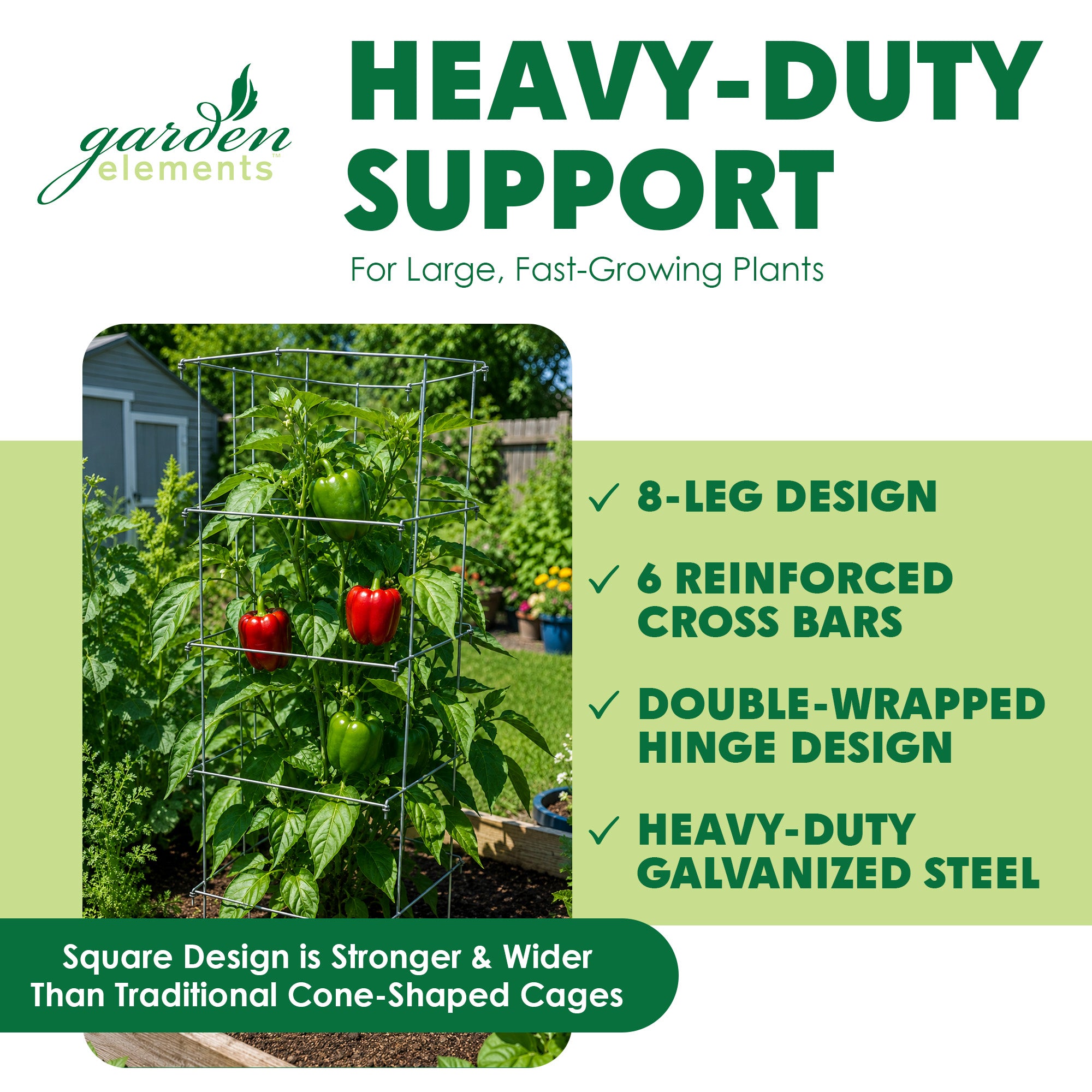 Garden Elements Square 8-Leg Heavy-Duty Collapsible Tomato Cages, 40in H (Pack of 3)