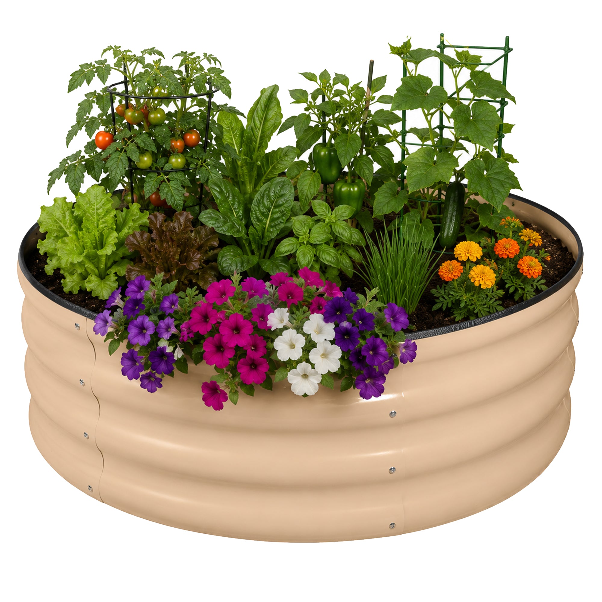 Garden Elements Metal Raised Garden Bed, Round, Beige