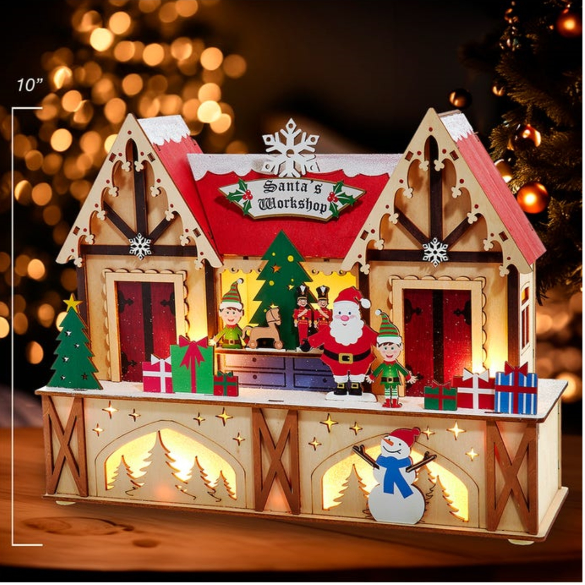 Kurt Adler Battery Operated Wooden Pre-Lit LED Santa's Workshop, 10"