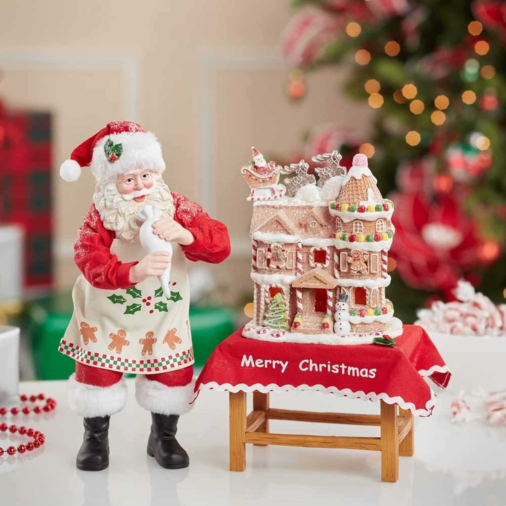Kurt Adler Fabriche Battery-Operated Santa with Gingerbread House, 10.5"