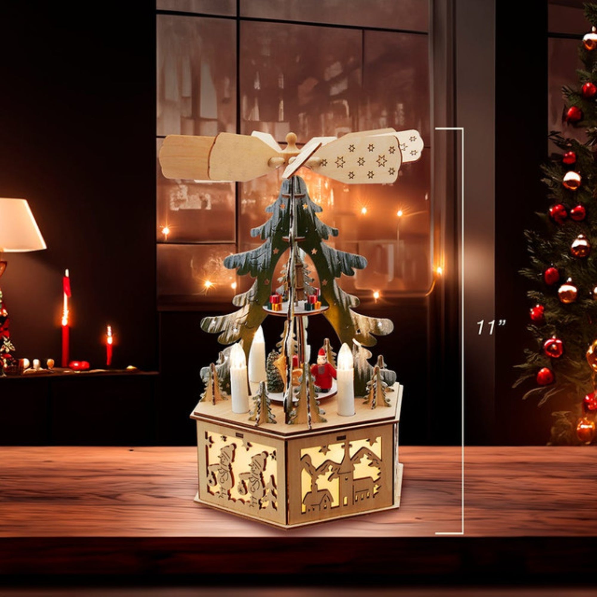 Kurt Adler Battery-Operated Musical LED Christmas Tree Windmill Scene, 11"