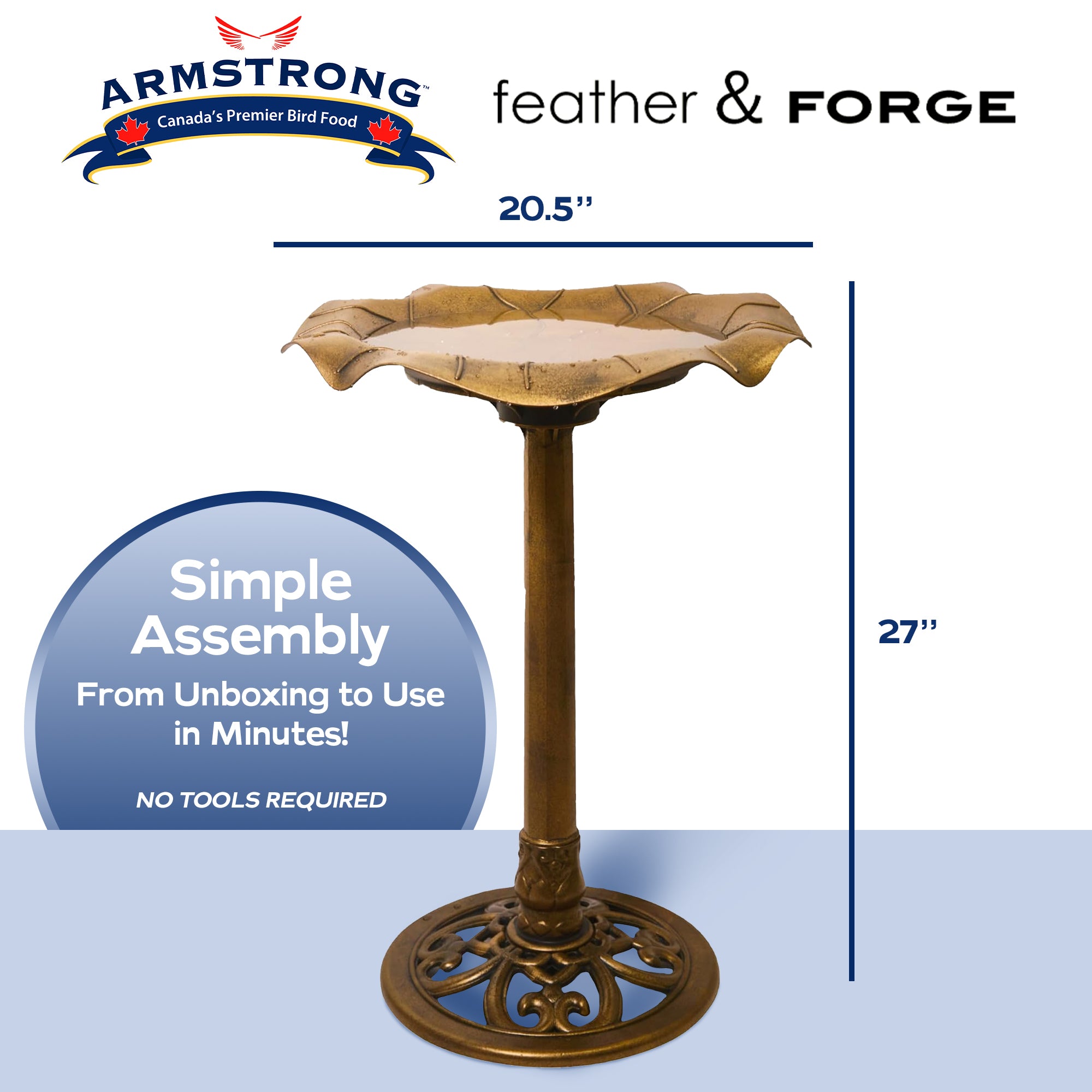 Armstrong Wild Bird Food Feather & Forge Elegant Polymer Bird Bath, Bronze, 27in