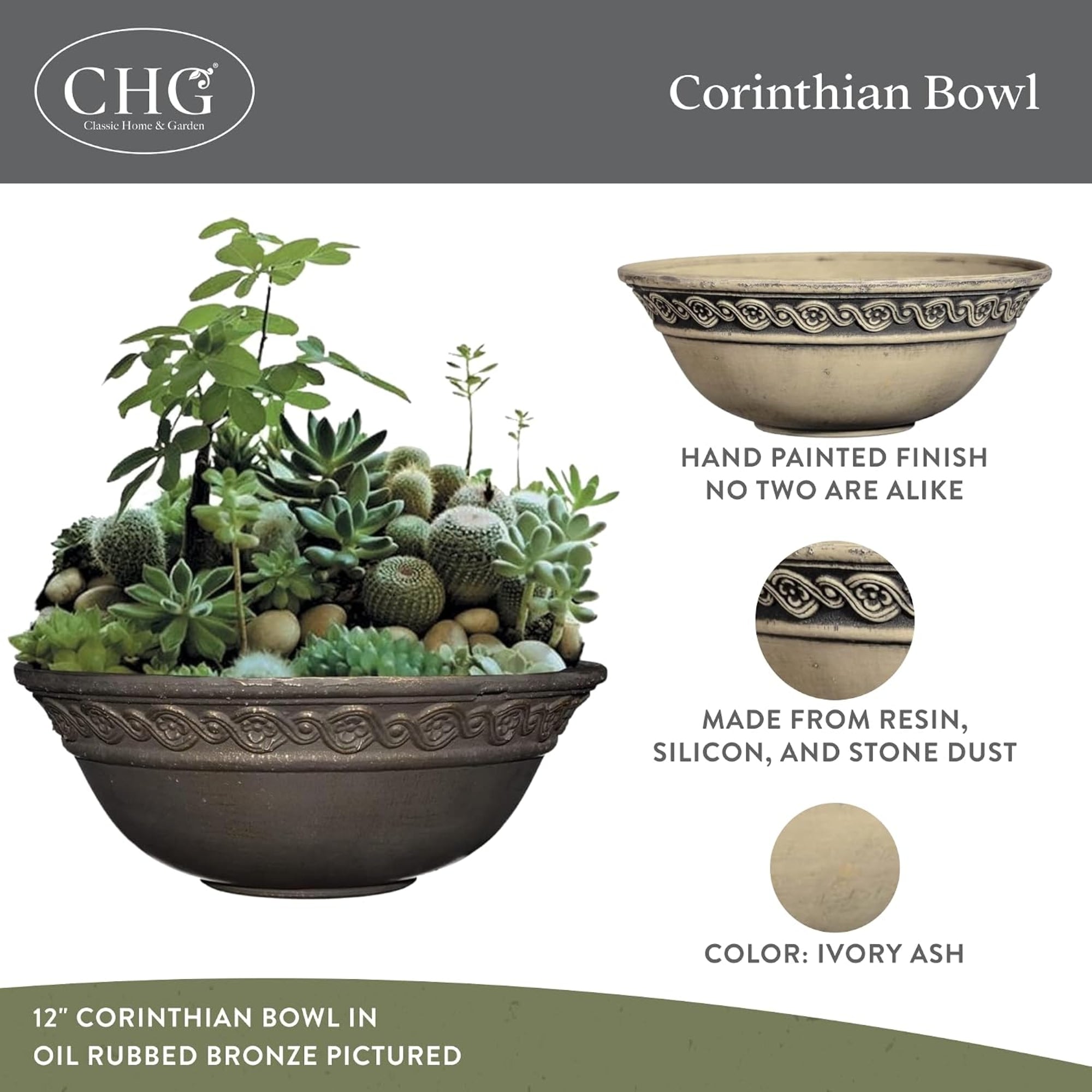 Classic Home and Garden Corinthian Resin Flower Pot Planter Bowl 12"