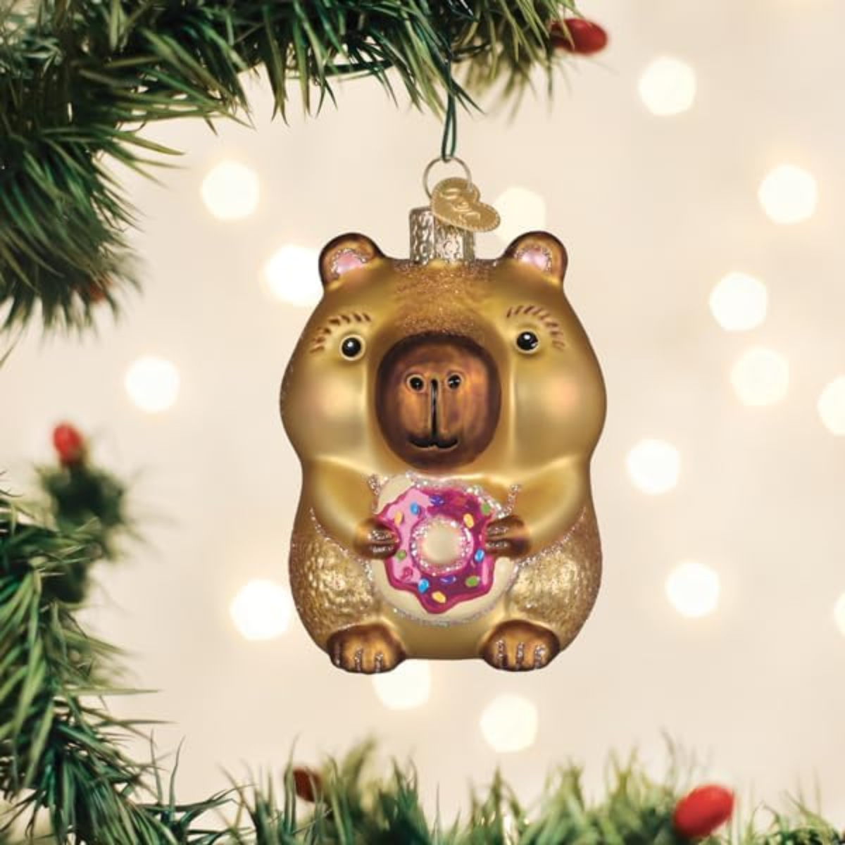 Old World Christmas Blown Glass Ornament for Tree, Capybara Eating Donut