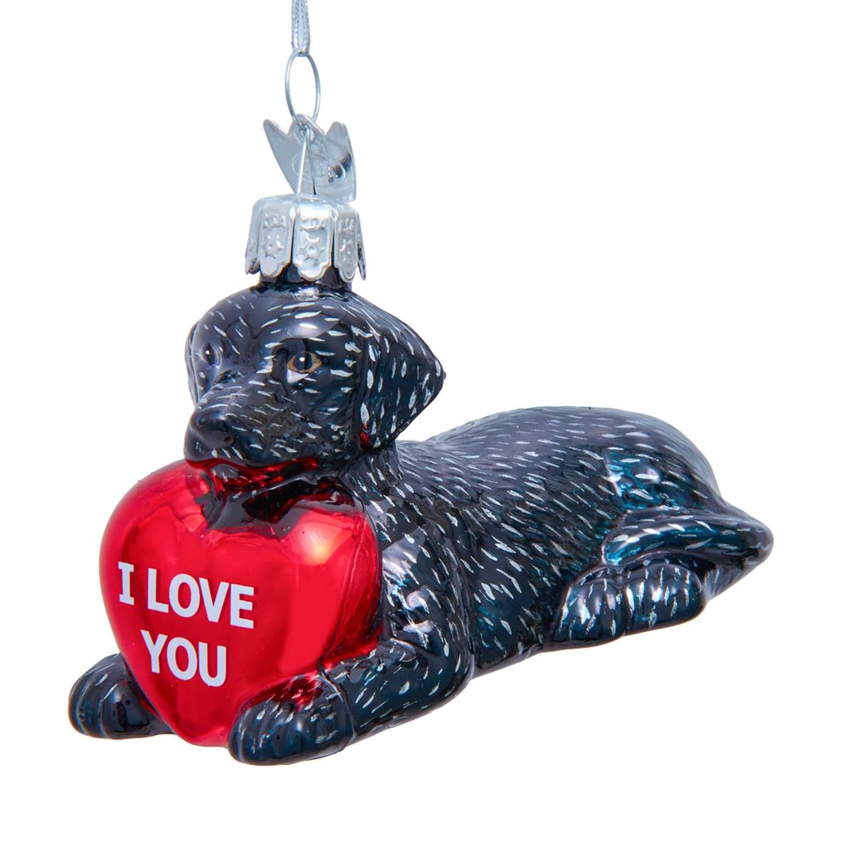 Kurt Adler Noble Gems Glass Ornament, Black Lab Retriever with Heart, 3in