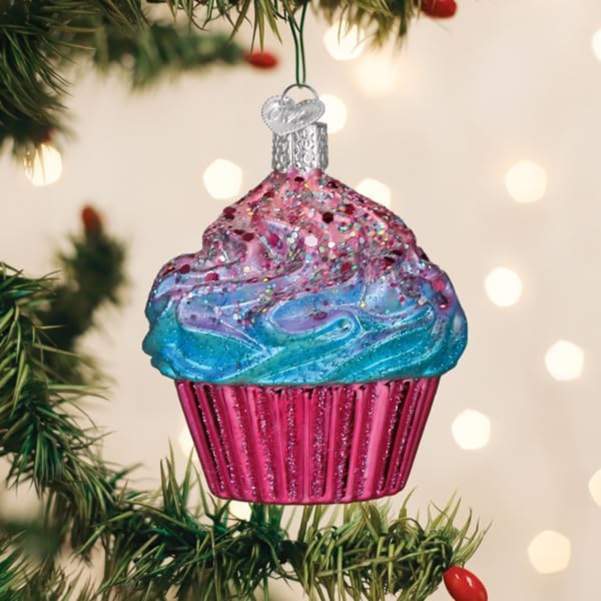 Old World Christmas Blown Glass Tree Ornament, Shimmering Pink Cupcake