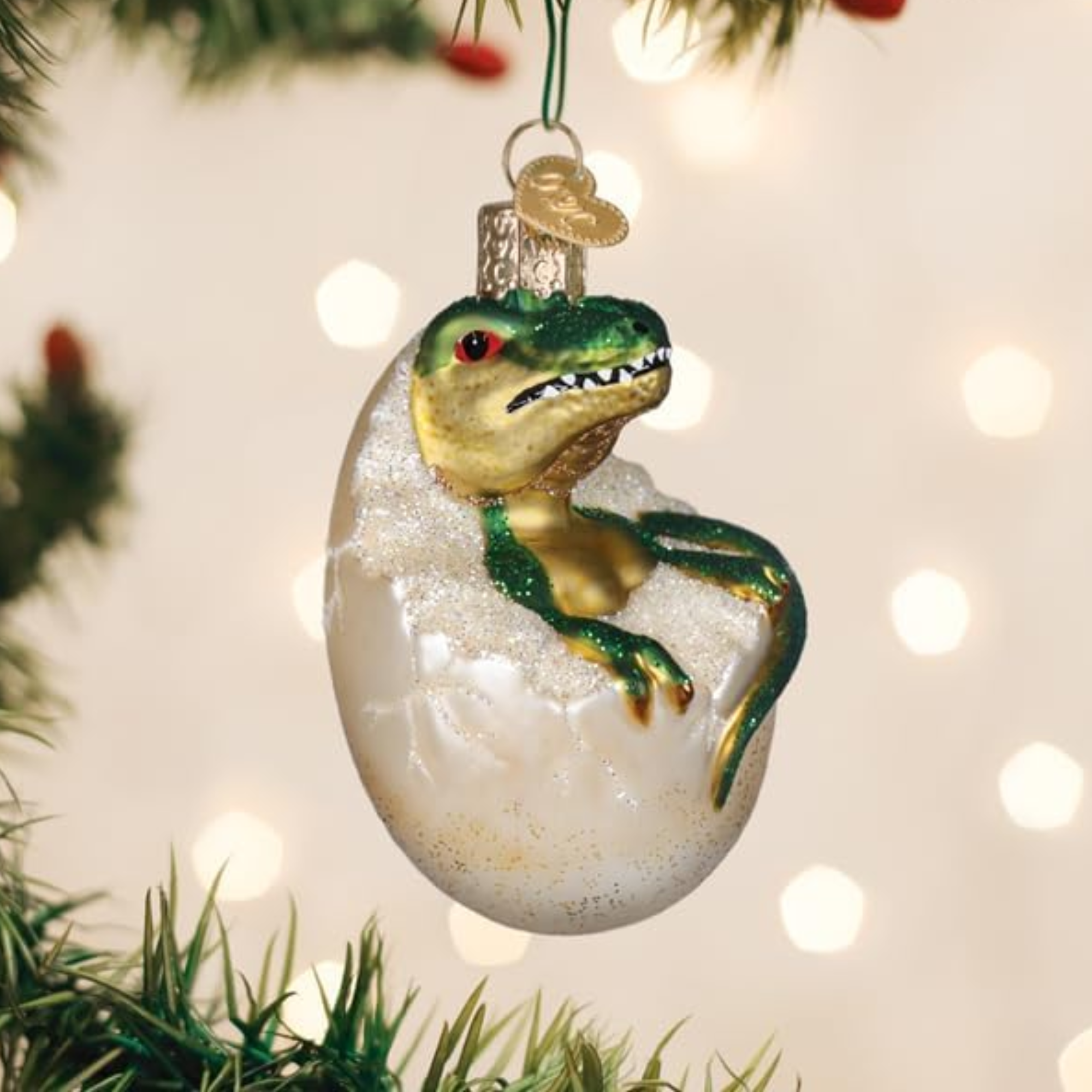 Old World Christmas Blown Glass Baby T-Rex Dino in Egg Ornament