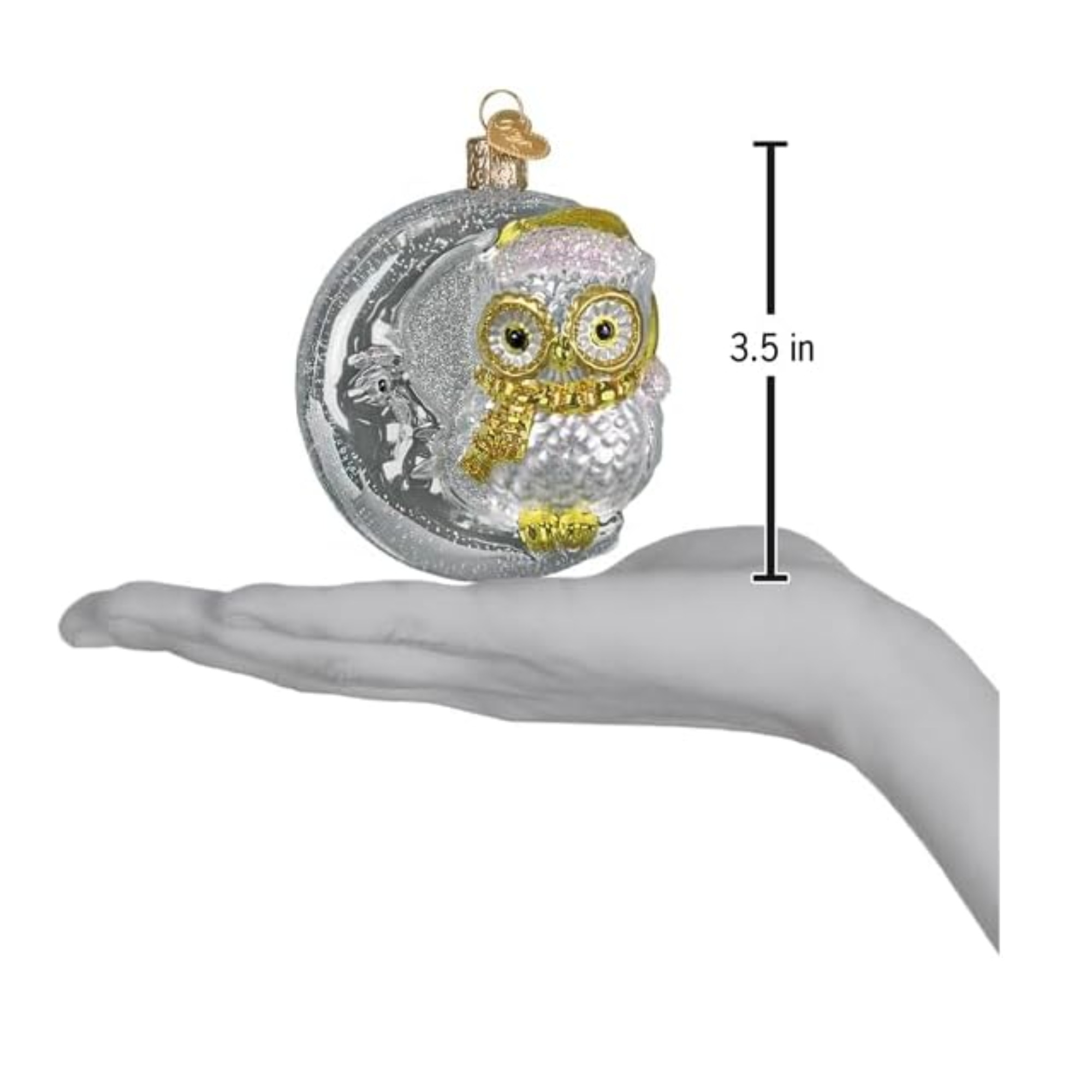 Old World Christmas Blown Glass Sterling Snow Owl on Moon Ornament