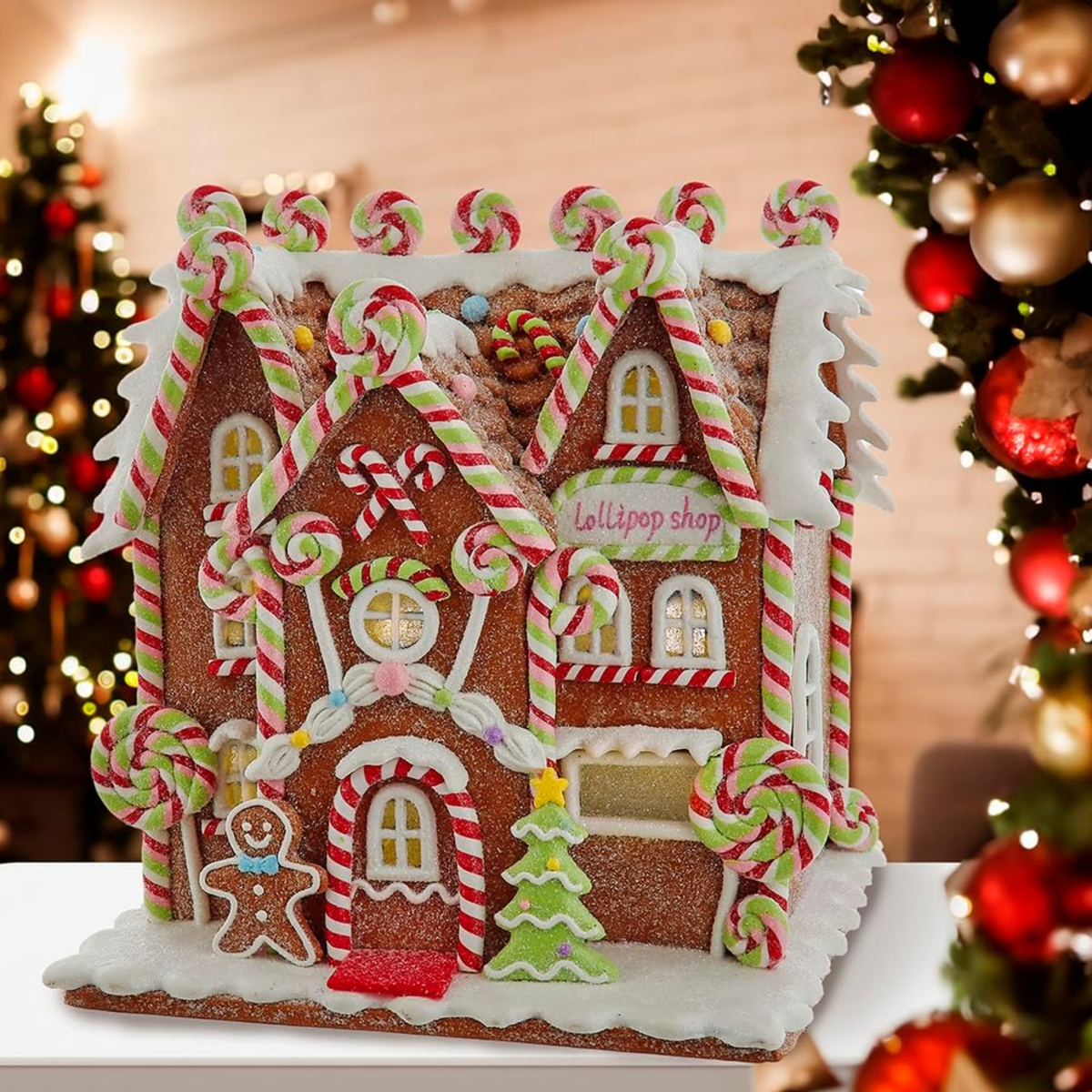 Kurt Adler LED Christmas Figurine, Gingerbread Lollipop House, 8in
