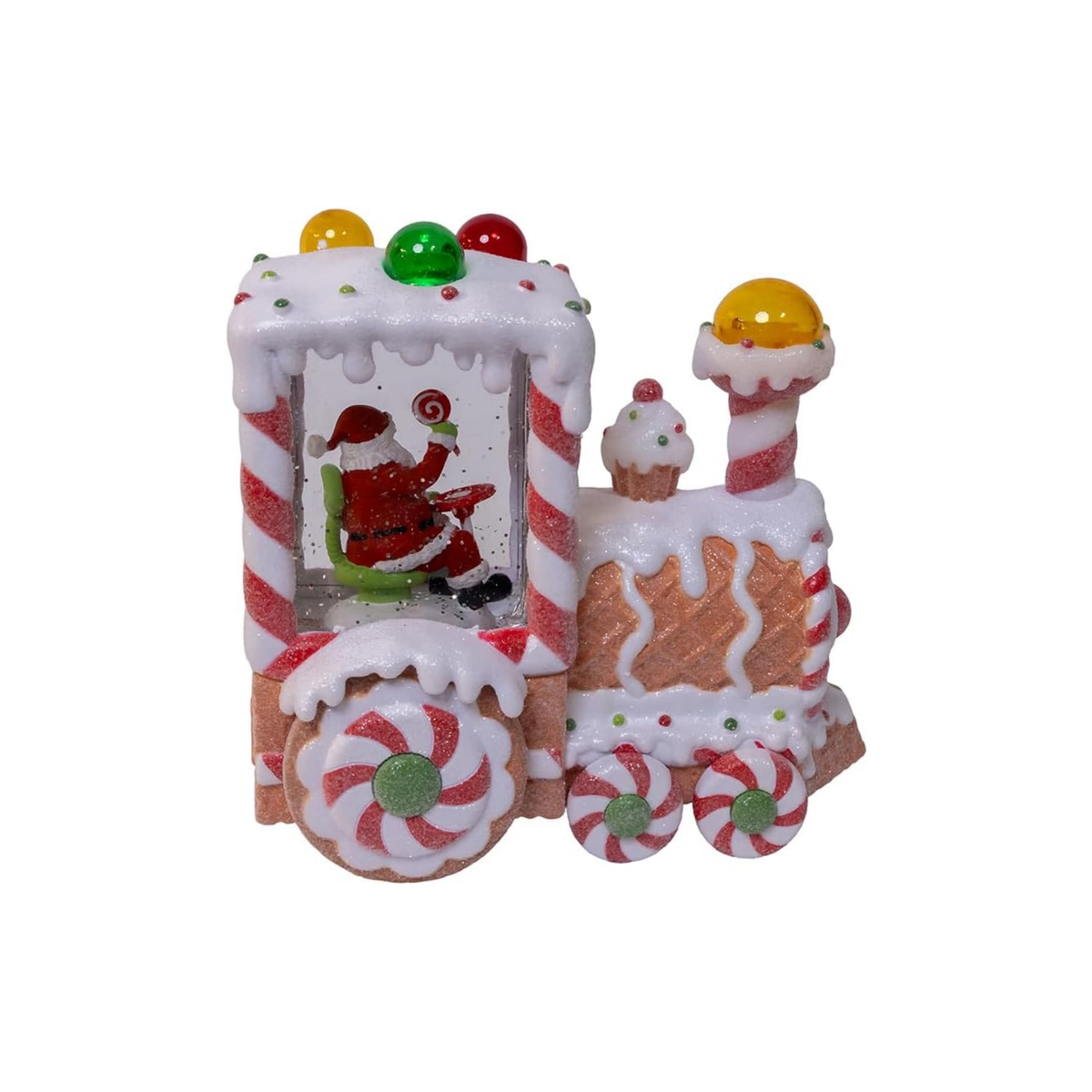 Kurt Adler Light Up Gingerbread Santa Train with Spinning Glitter, 7in