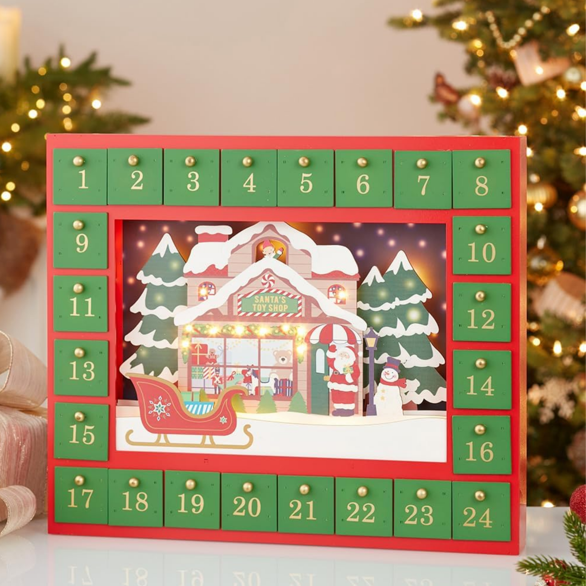 Kurt Adler Battery Operated Wooden Adent Calendar, Santa Shop