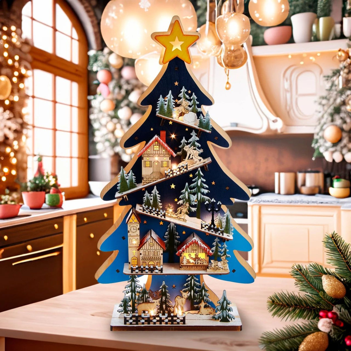 Kurt Adler Battery-Operated LED-Lit Wooden Christmas Tree with Village, 23.5"