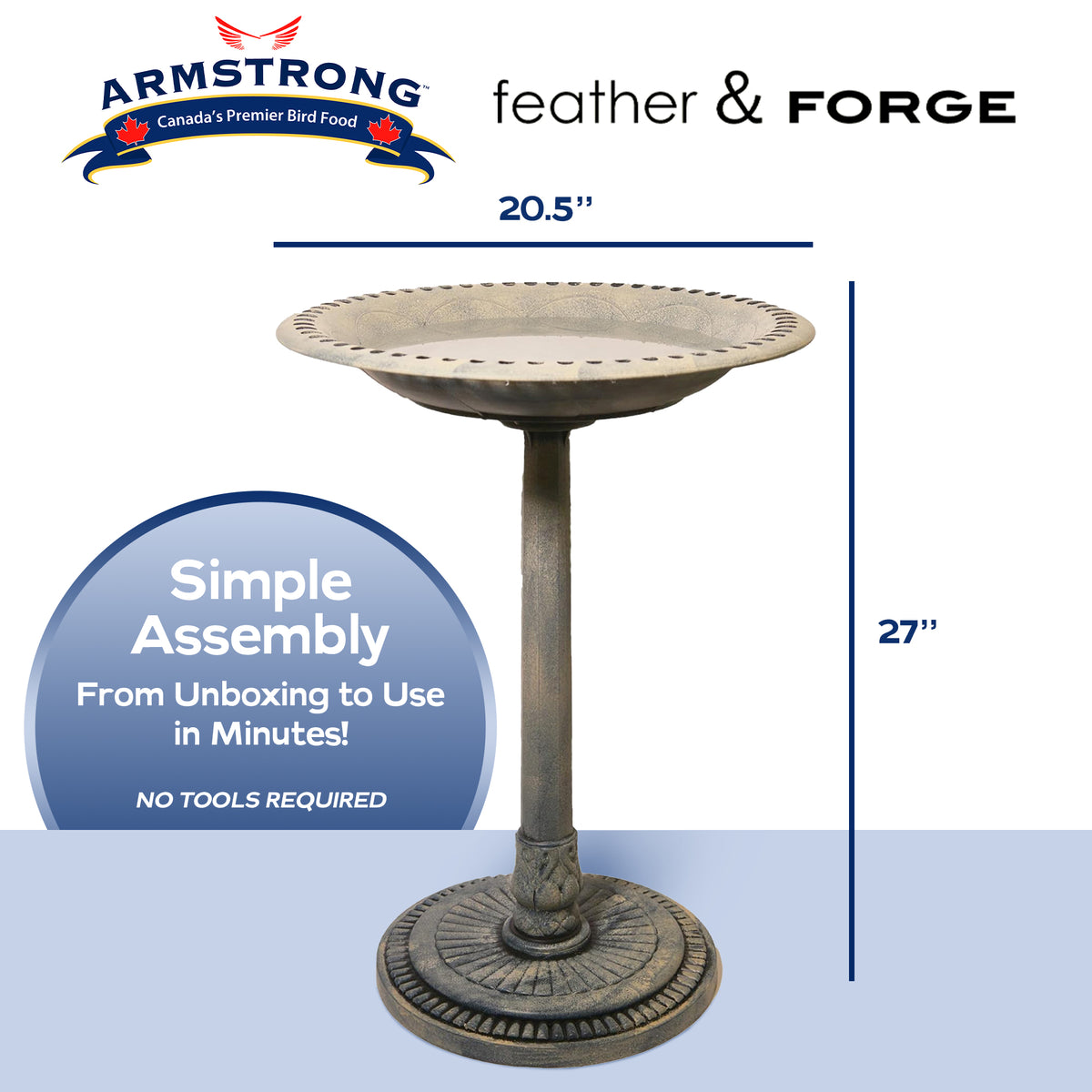 Armstrong Wild Bird Food Feather & Forge Elegant Polymer Bird Bath, Stone, 27in