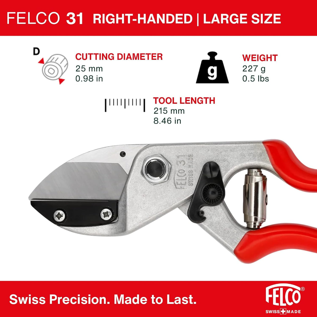 FELCO F31 Ambidextrous Steel Anvil Pruning Shears with Ergonomic Handle