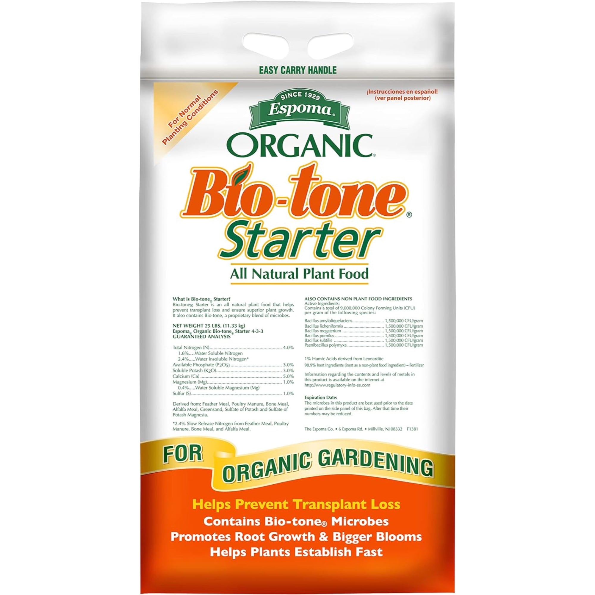Espoma Organic Bio-tone Starter All-Natural Plant Food for Organic Gardening, Prevents Transplant Loss, 25lb