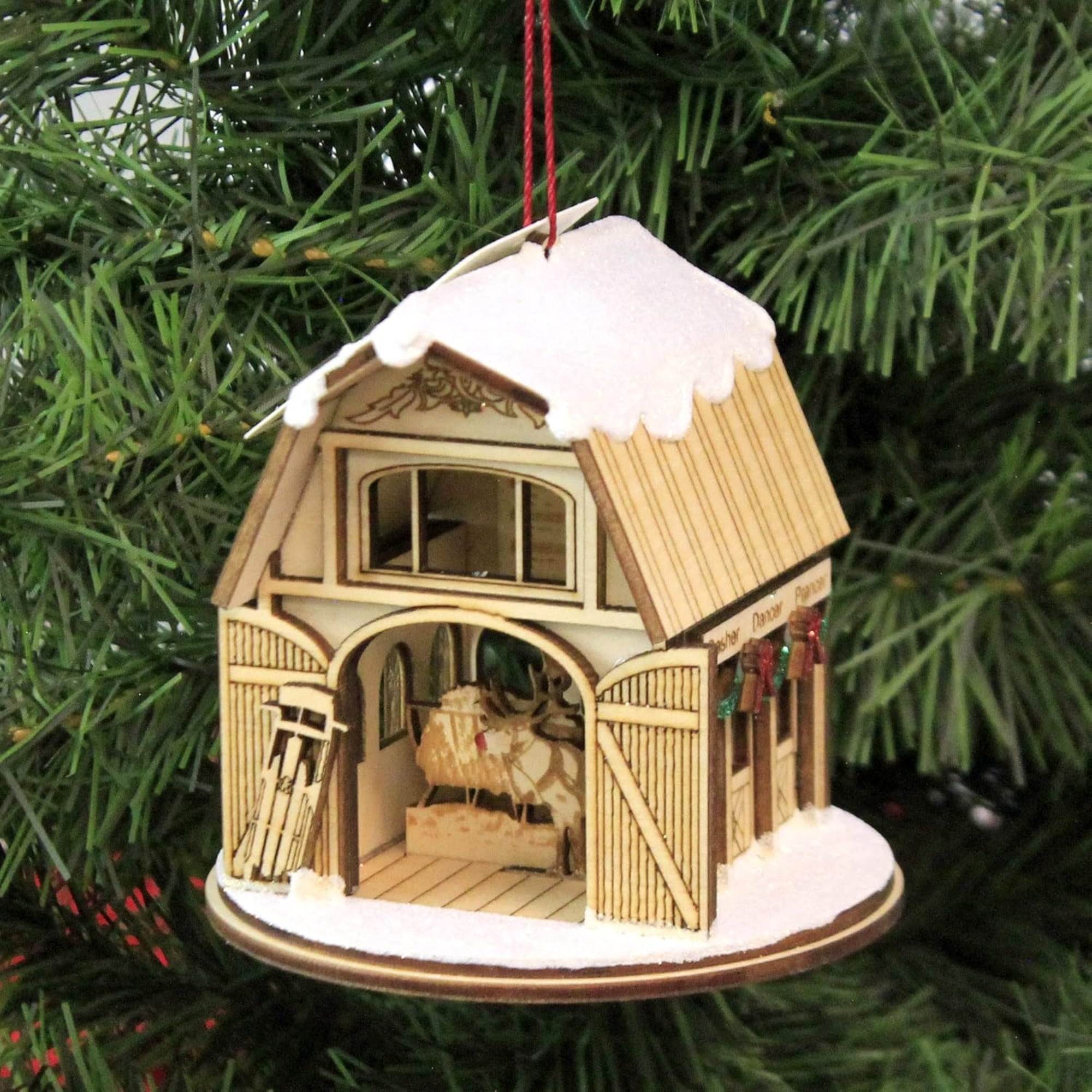 Old World Christmas Ginger Cottage Wooden Ornament for Christmas Tree, Santa's Reindeer Barn