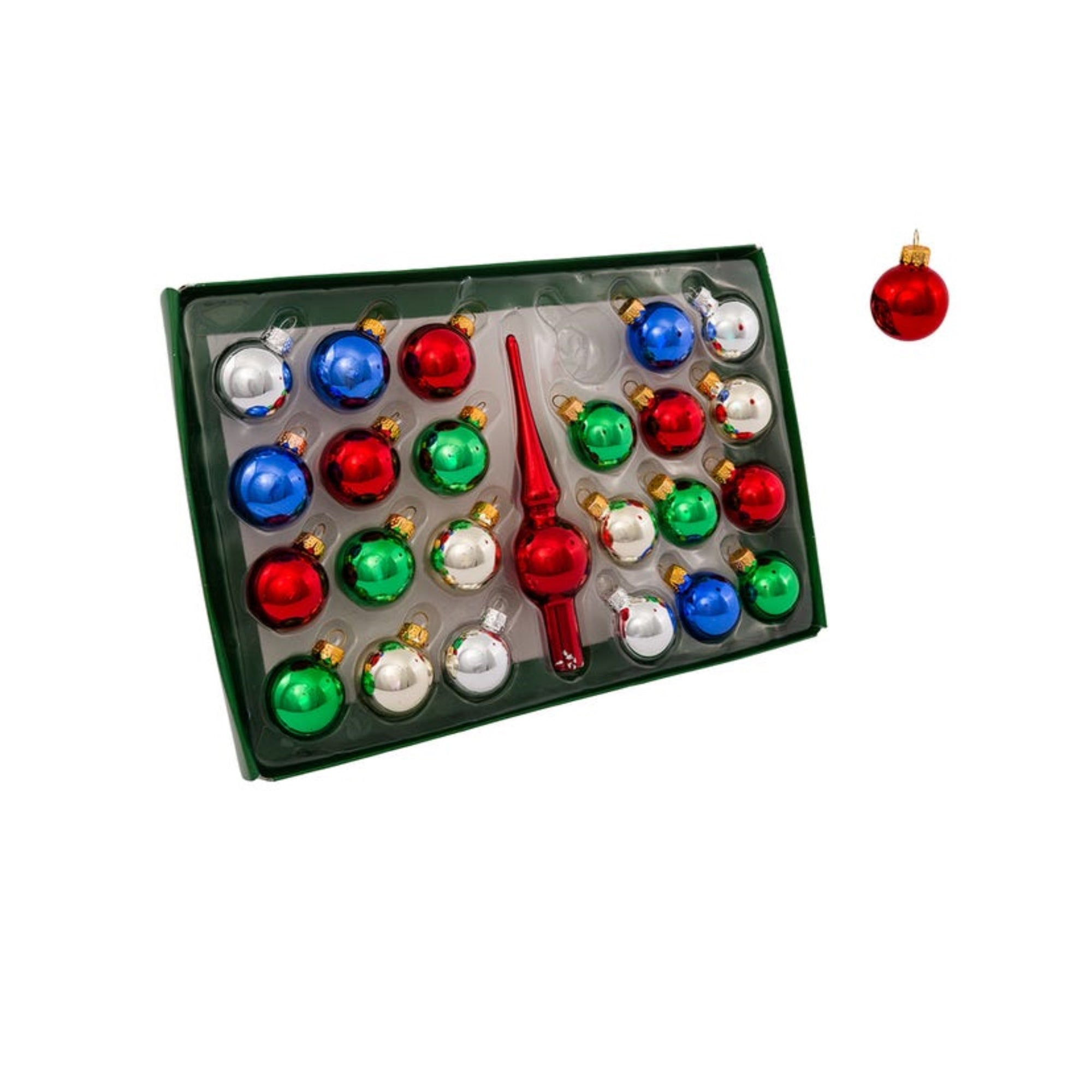 Kurt Adler Hanging Assorted Colored Glass Tree Ornaments with Red Treetop, 25-Piece Box