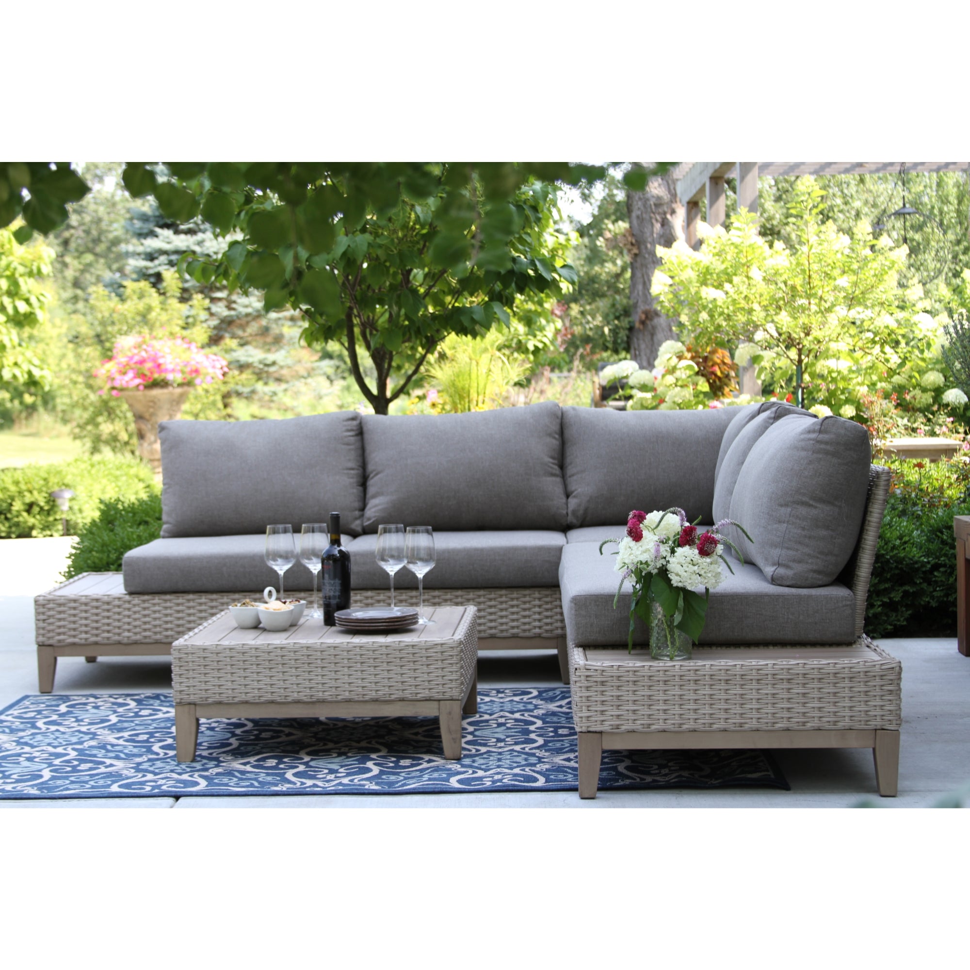 Outdoor Interiors Antique Stained Eucalyptus and Light Beige Wicker Contemporary Sectional Patio Furniture Set, 4 Piece