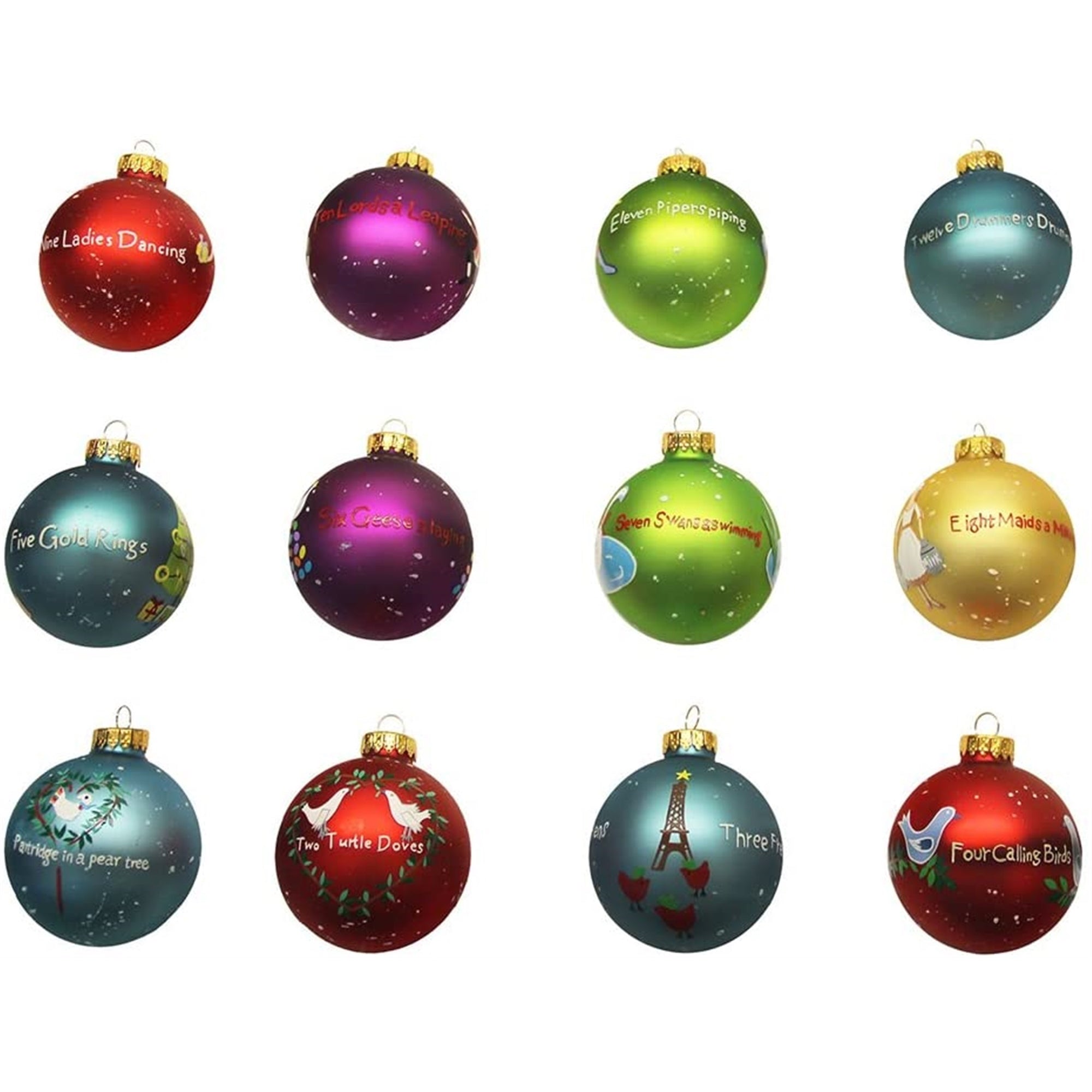 Kurt Adler Glass Ball Christmas Tree Ornament Set, 12 Days of Christmas, 2.5" (12-Count)