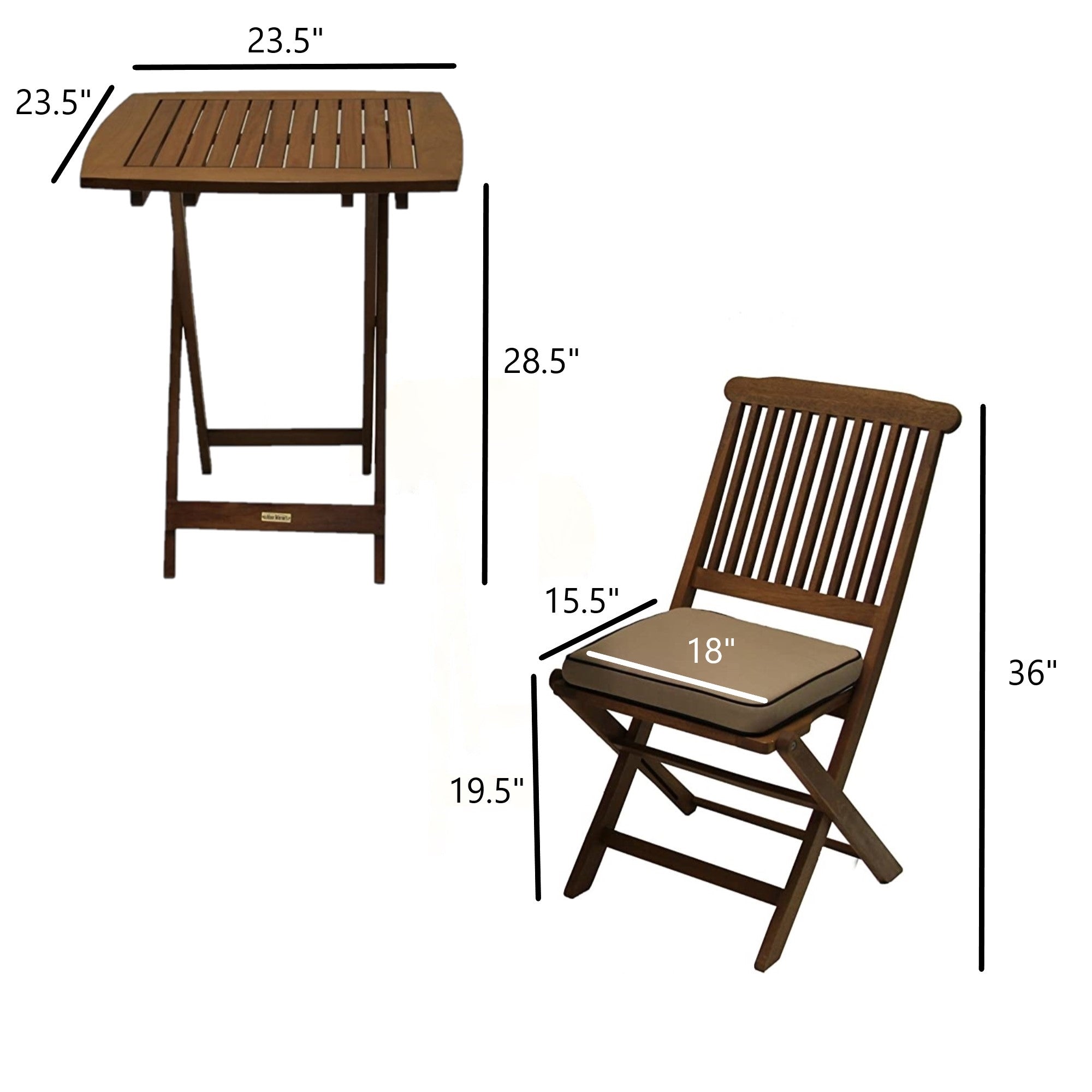 Outdoor Interiors Eucalyptus Wood 3-Piece Square Foldable Bistro Outdoor Furniture Patio Set, Table and 2 Chairs with Cushions