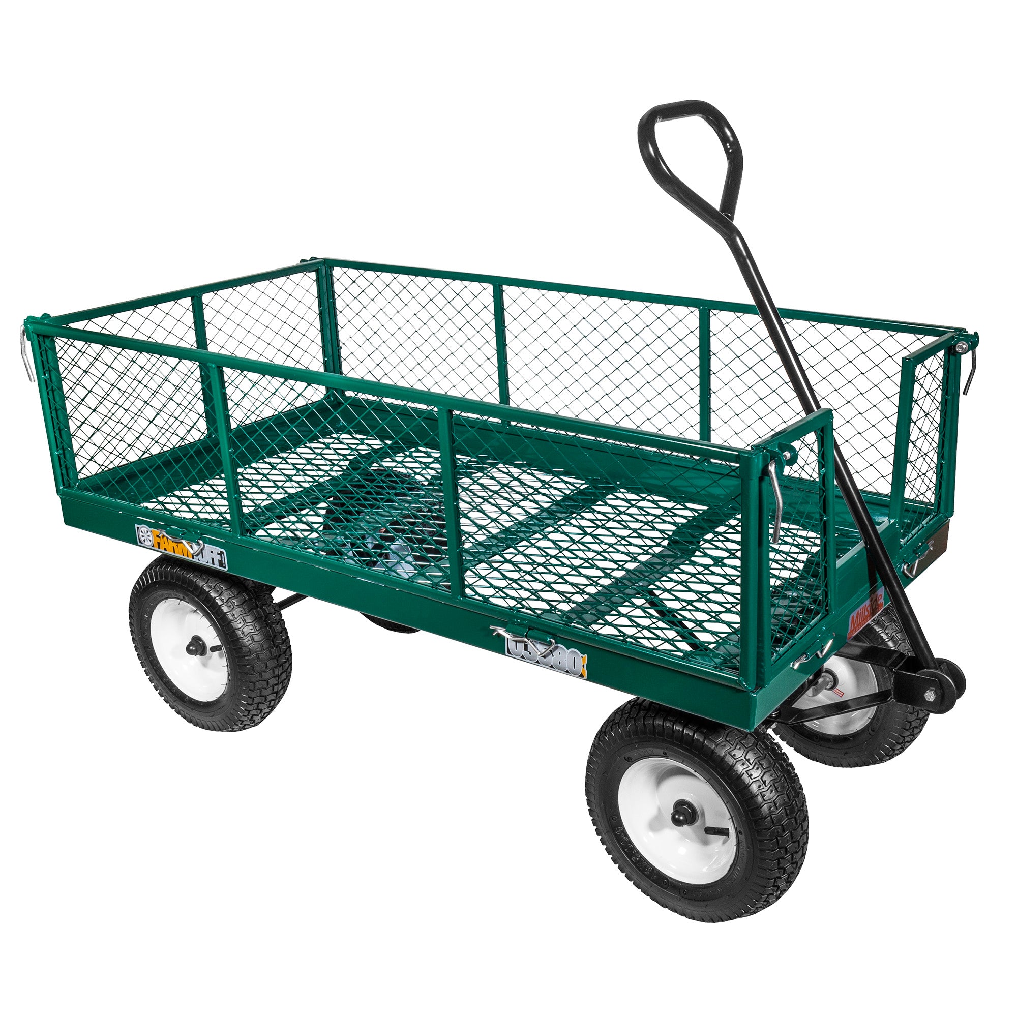 FARM-TUFF Durable Metal Deck Garden Wagon Utility Cart with Pneumatic Tires and Fold Down Side Panels for Outdoor Hauling, Green, 24" x 48"
