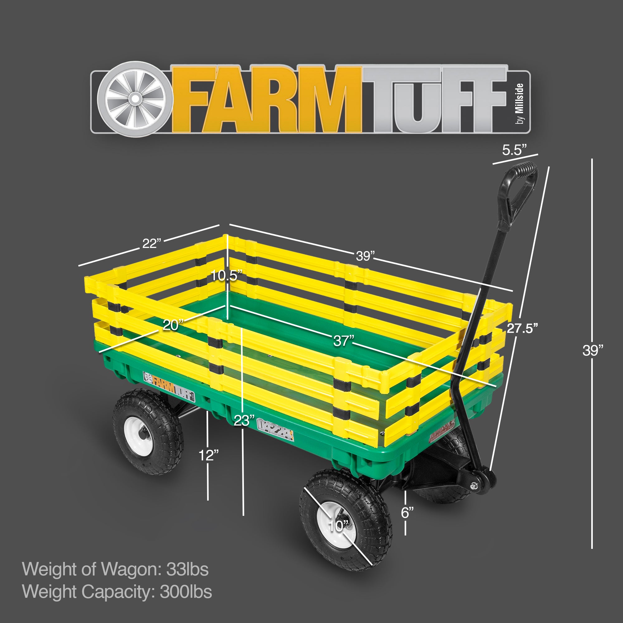 FARM-TUFF Durable Plastic Garden Wagon Utility Cart with Removable Side Racks and Pneumatic Tires for Outdoor Hauling, Green and Yellow, 20" x 38"