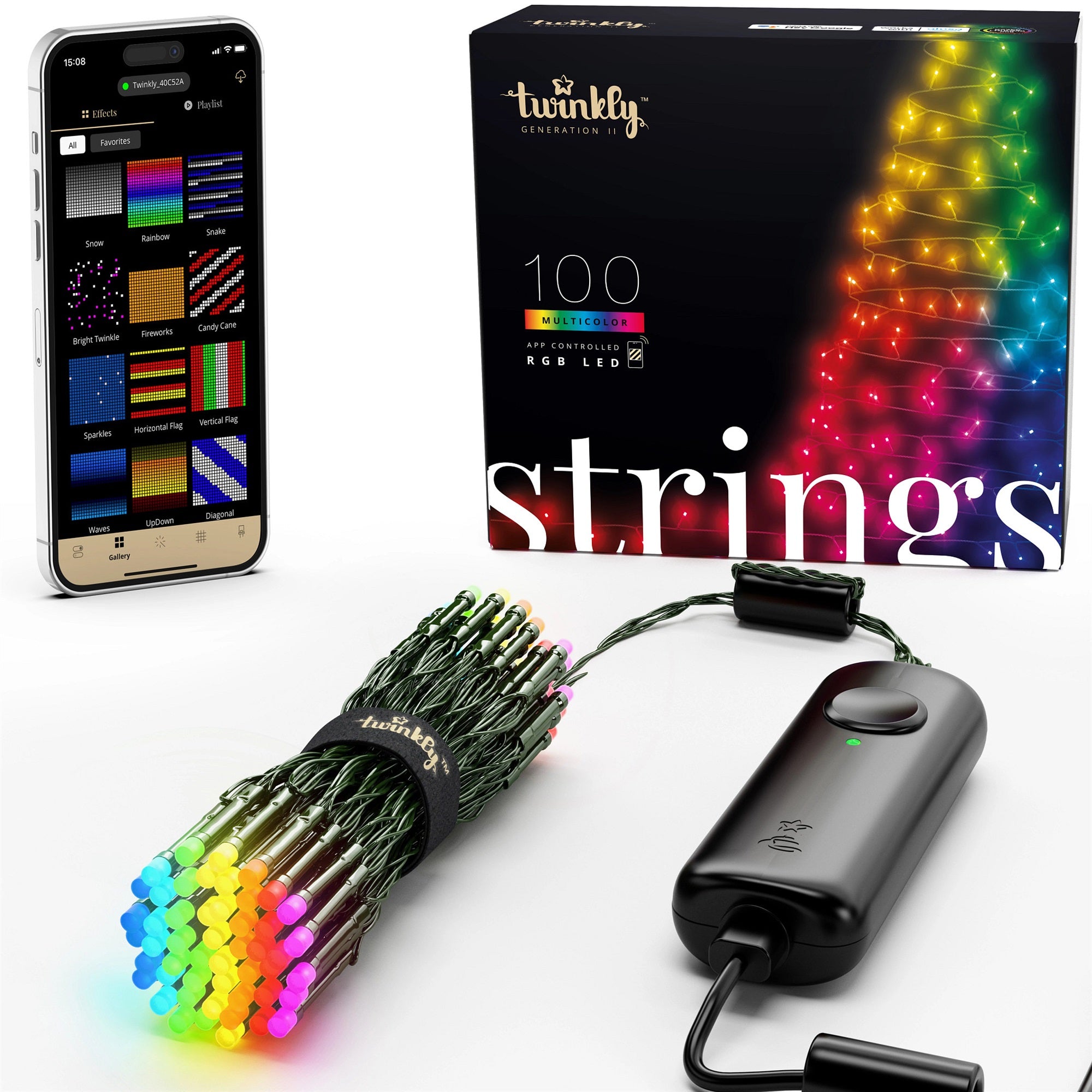 Twinkly Strings App Controlled Green Wire Christmas Light String Indoor and Outdoor Smart Home Lighting Decoration, Multicolor LED