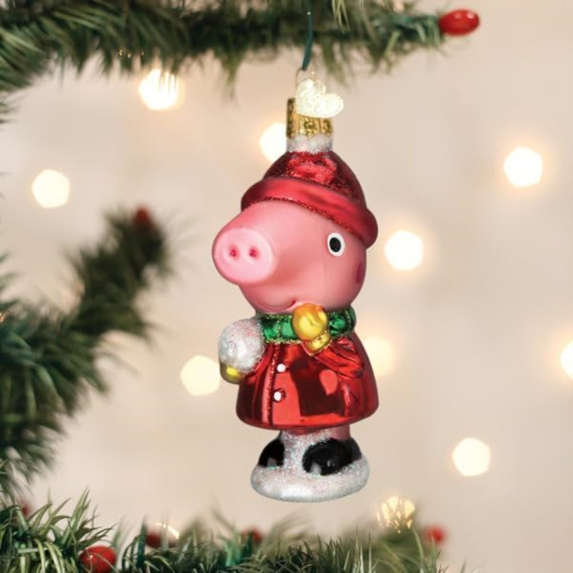 Old World Christmas Blown Glass Ornament for Christmas Tree, Peppa Pig With Snowball (with OWC Gift Box)
