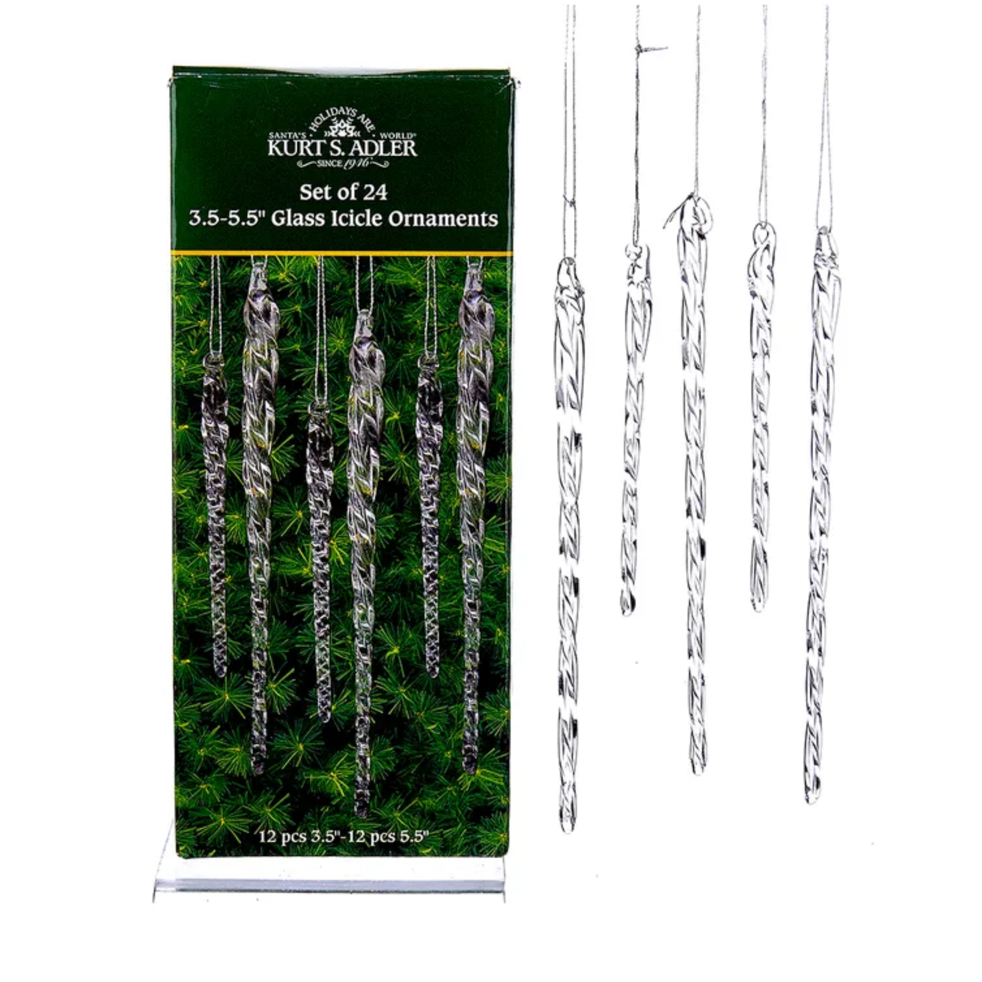 Kurt Adler Twisted Clear Glass Crystal Icicle Ornaments, 24-Piece Set