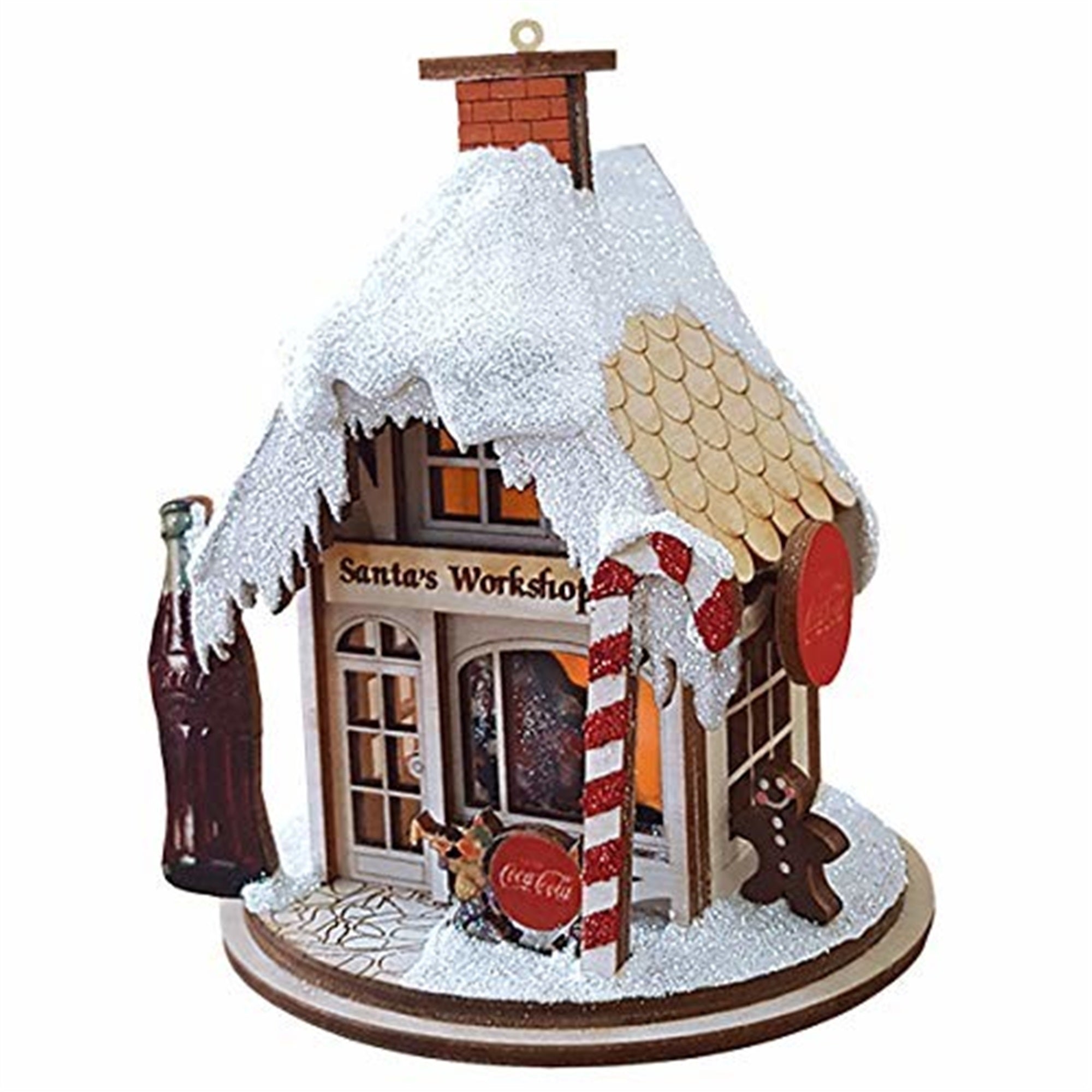 Old World Christmas Ginger Cottage Wooden Ornament for Christmas Tree, Coco-Cola Santa's Workshop