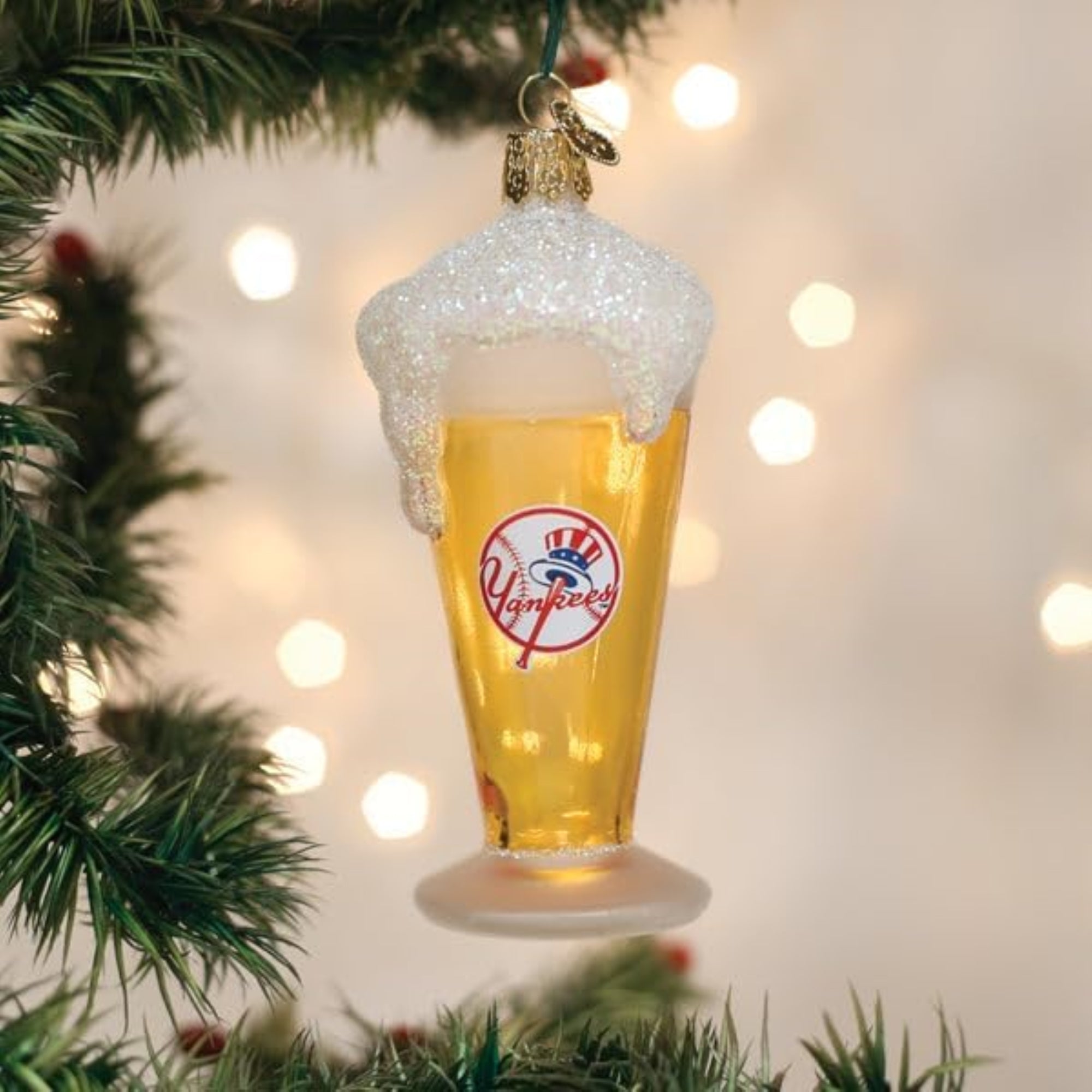 Old World Christmas Blown Glass Ornament for Christmas Tree, New York Yankees Glass of Beer