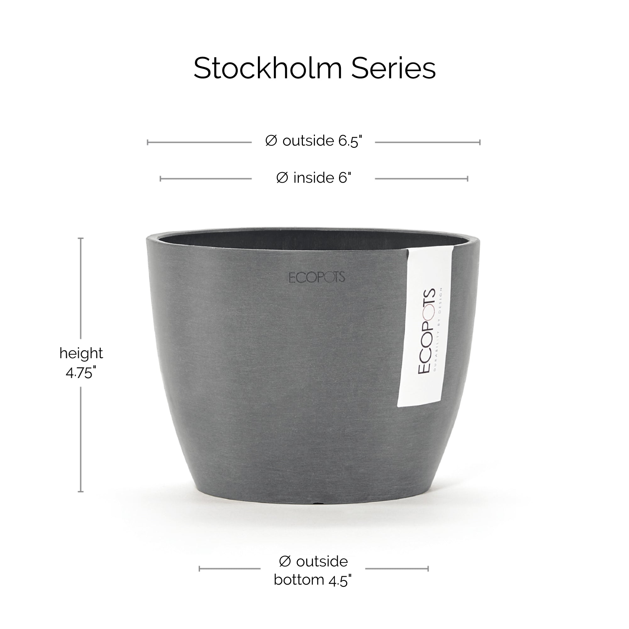 Ecopots Stockholm Mini Durable Modern Round Indoor/Outdoor Recycled-Based Composite Flower Pot Planter, 6"