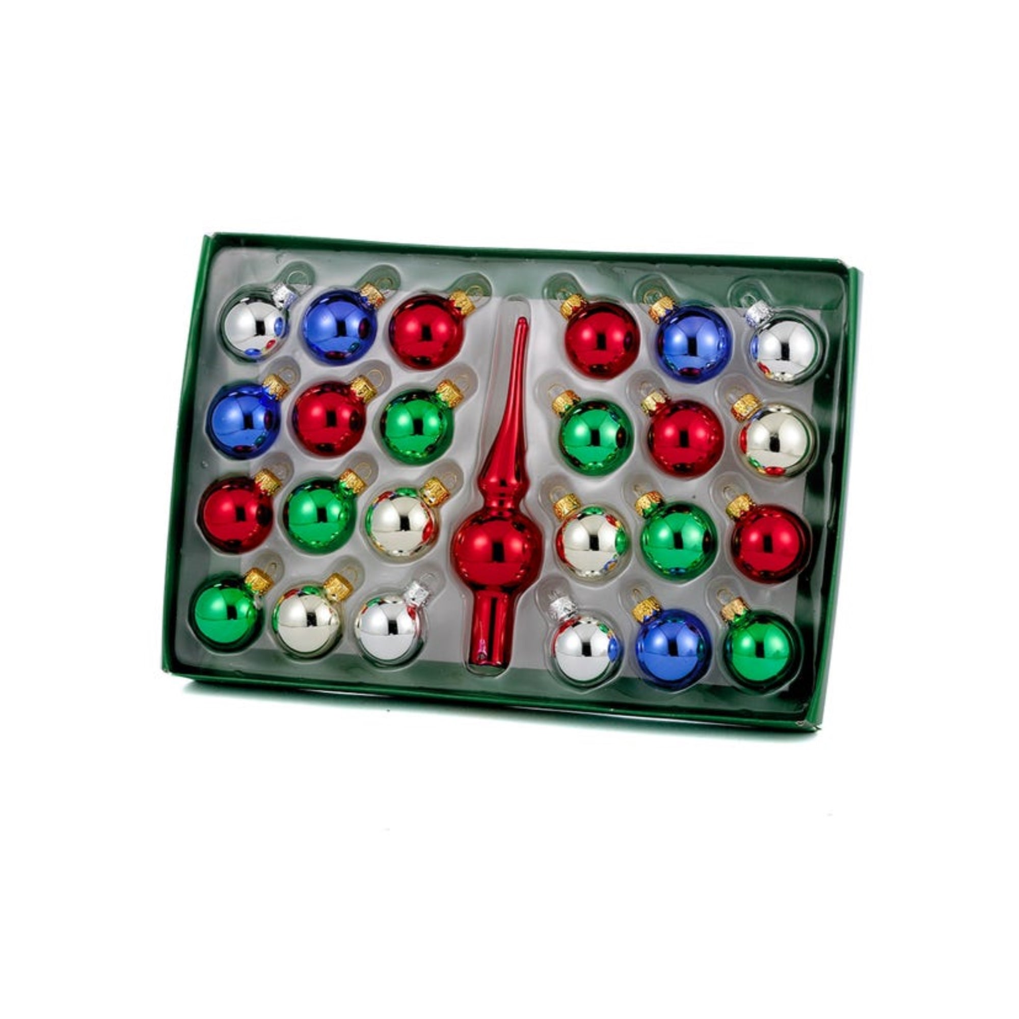 Kurt Adler Hanging Assorted Colored Glass Tree Ornaments with Red Treetop, 25-Piece Box