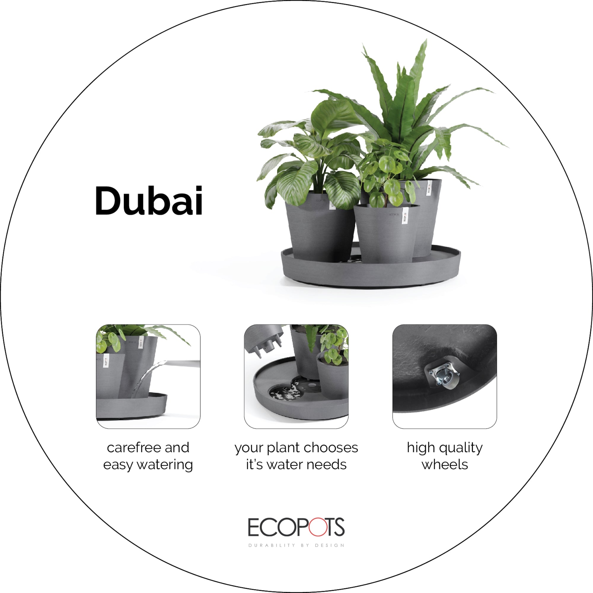 Ecopots Dubai Self Watering Durable Modern Round Indoor/Outdoor Recycled-Based Composite Flower Pot Planters w/Wheels and Saucer, 22"