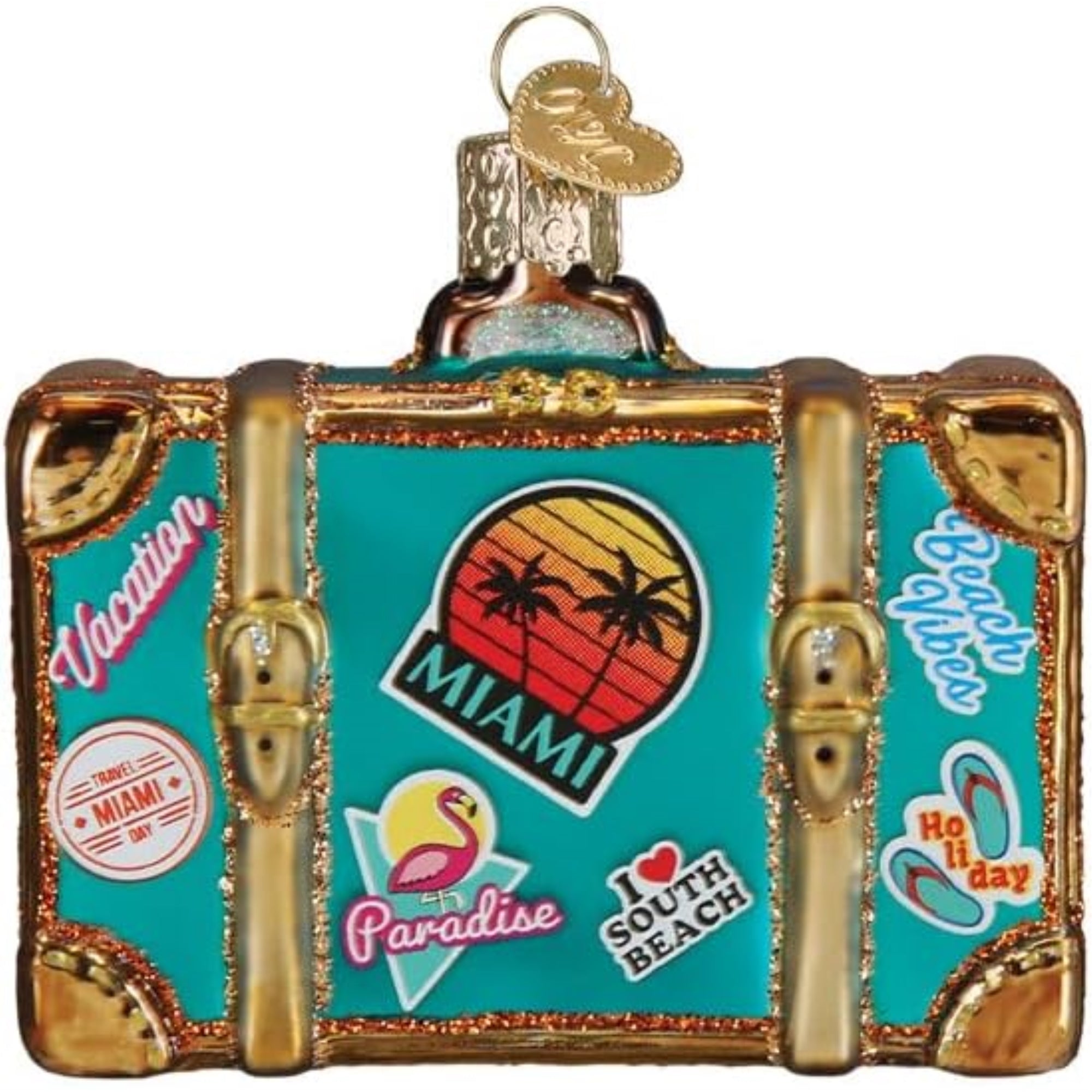 Old World Christmas Blown Glass Ornament for Christmas Tree, Miami Suitcase (with OWC Gift Box)