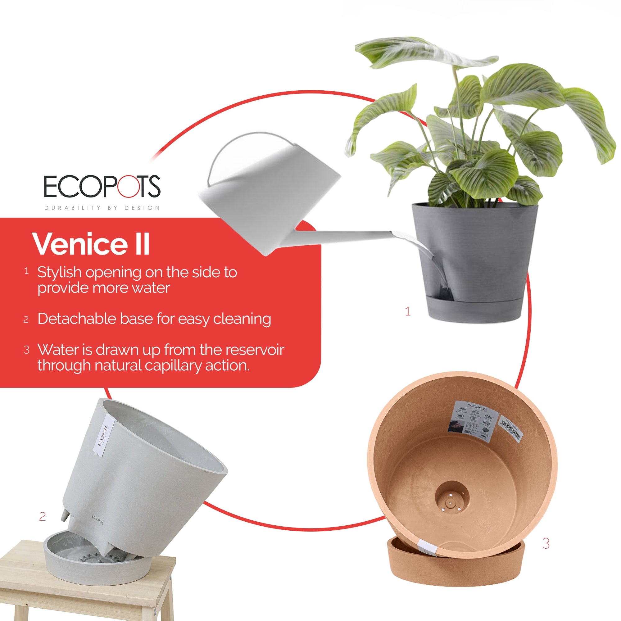 Ecopots Venice 2 Durable Modern Round Indoor/Outdoor Recycled-Based Composite Flower Pot Planter w/ Water Reservoir