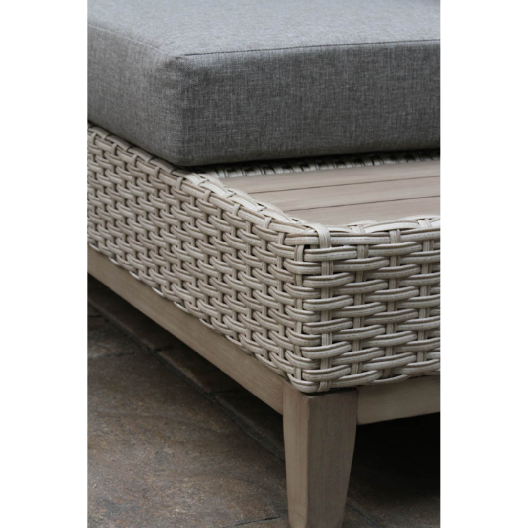 Outdoor Interiors Antique Stained Eucalyptus and Light Beige Wicker Contemporary Sectional Patio Furniture Set, 4 Piece