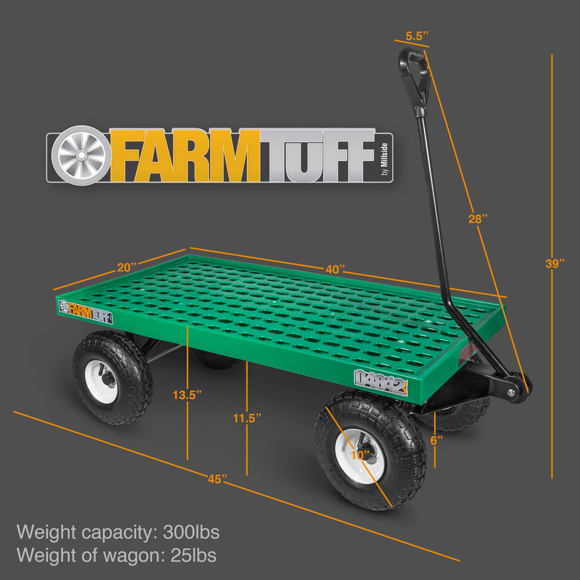 FARM-TUFF Durable Plastic Mesh Deck Garden Wagon Utility Cart with Pneumatic Tires for Outdoor Hauling, Green, 20" x 40"