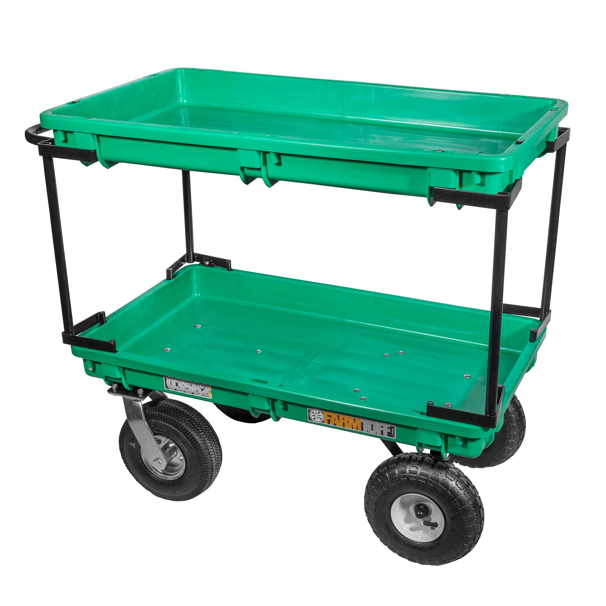 FARM-TUFF Durable Plastic Double Deck Garden Wagon Utility Shop Cart with Pneumatic Tires for Outdoor Hauling, Green, 20" x 38"