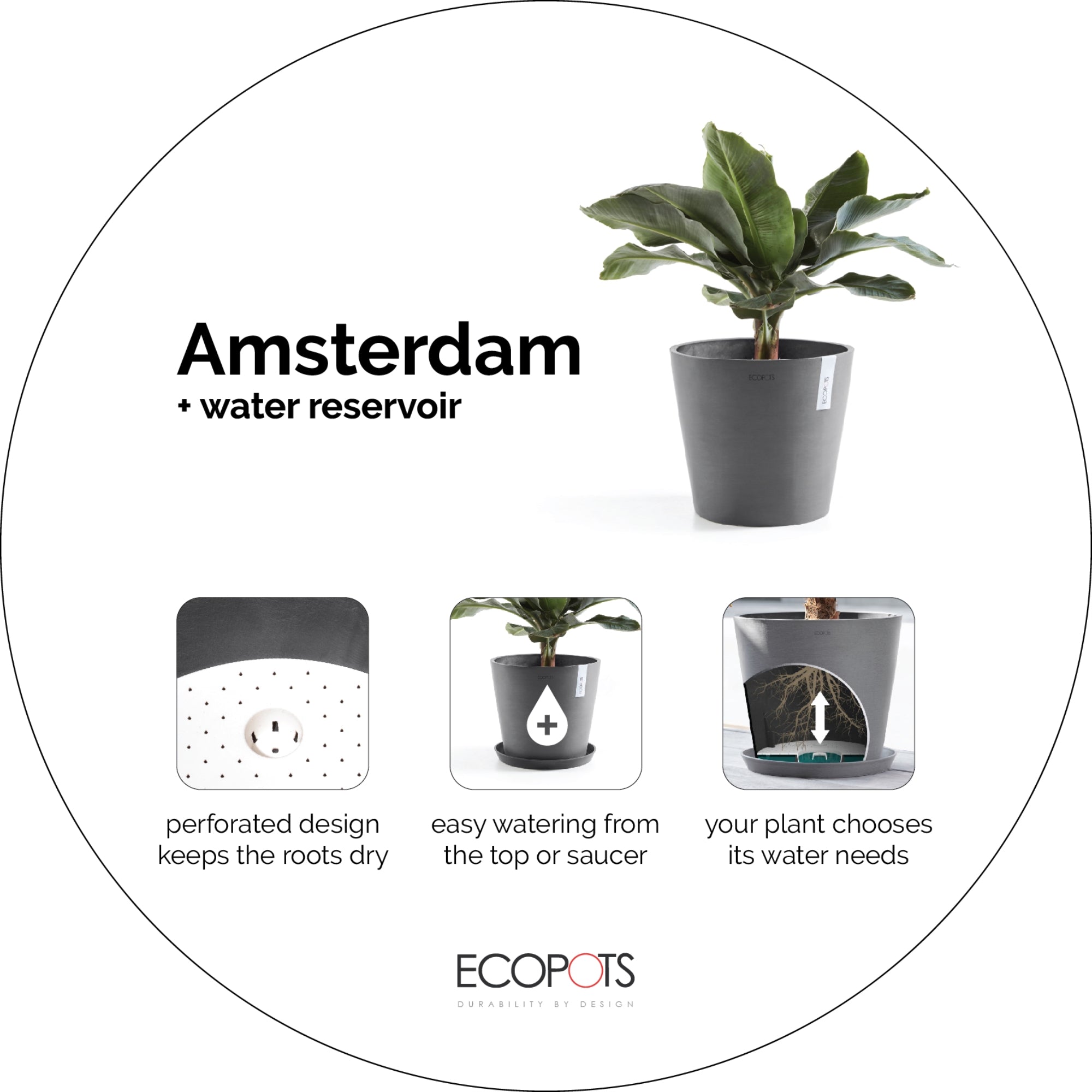 Ecopots Amsterdam Durable Modern Round In/Outdoor Recycled-Based Composite Flower Pot Planter