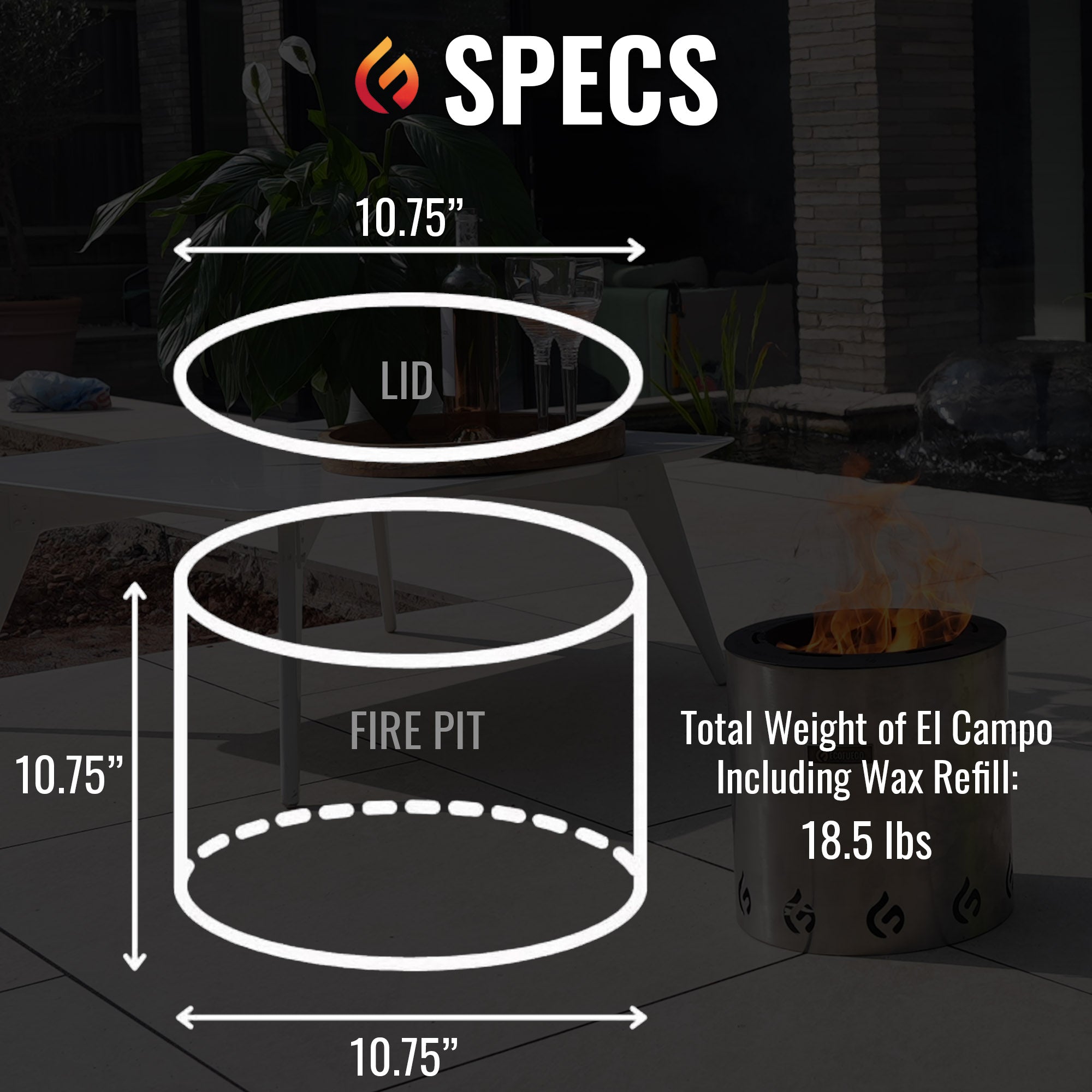 El Campo Portable Wax-Burning Fire Pit – Clean-Burning, No-Wood Fuel with 8-Hour Wax Refill – Compact and Durable for Camping, Travel, and Outdoor Use